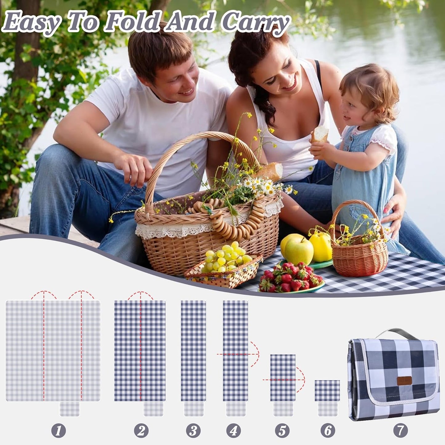 80"x80" Extra Large Waterproof Outdoor Mat - Sandproof Foldable Picnic Blanket for Family Camping, Backyard, Beach Parties - Heavy Duty & Easy Storage (Gray&White)