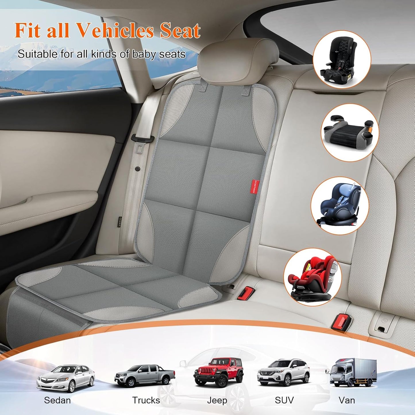 Car Seat Protector, Waterproof 600D Fabric Seat Cushion for Child Car Seat with Thickest Pad, Storage Pockets, Back Car Seat Cover for Kids, 2 Pack