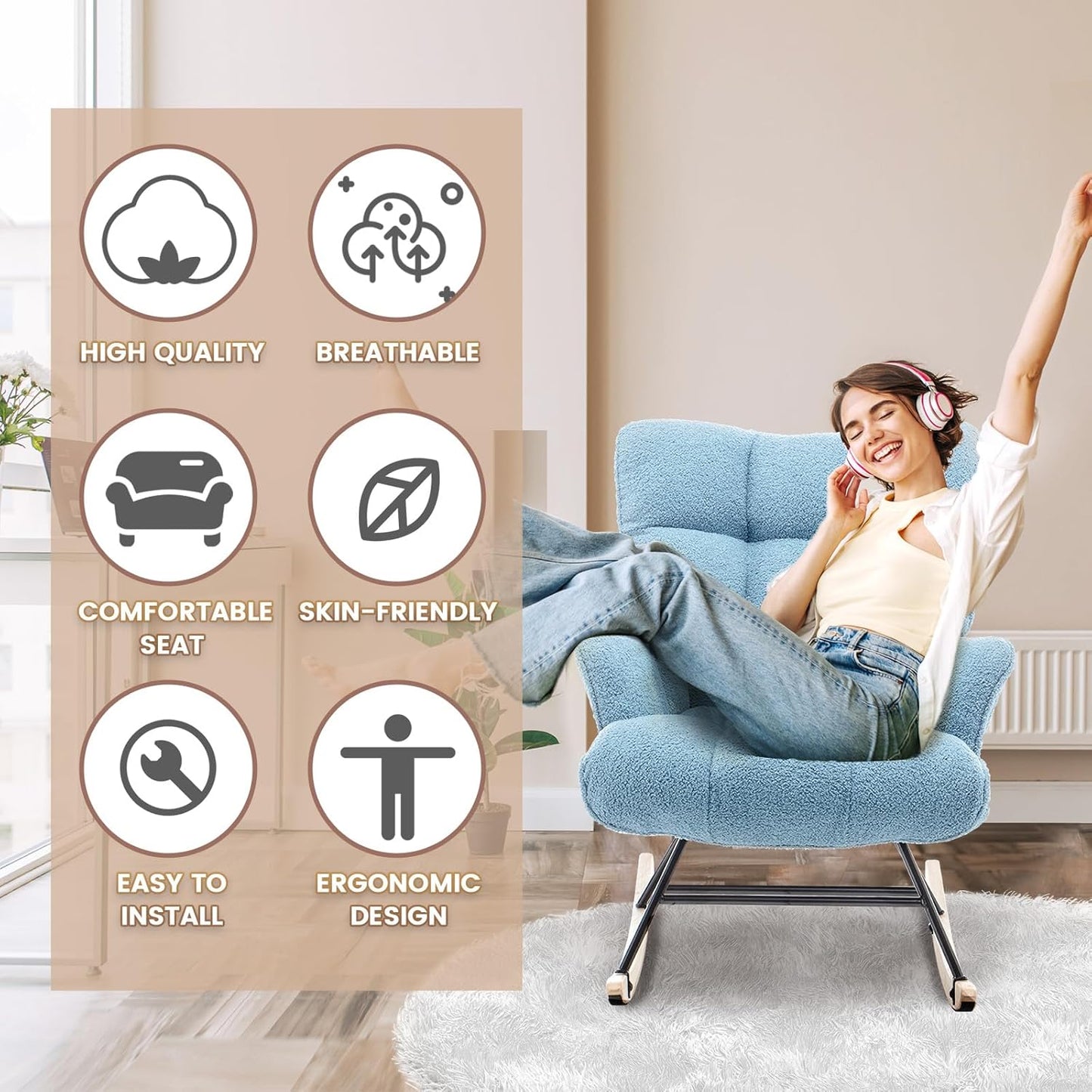 Rocking Chair Nursery Teddy Upholstered Glider Rocker Rocking Accent Chair Padded Seat with High Backrest Armchair Comfy Side Chair for Living Room Bedroom Offices (LightBlue Teddy)