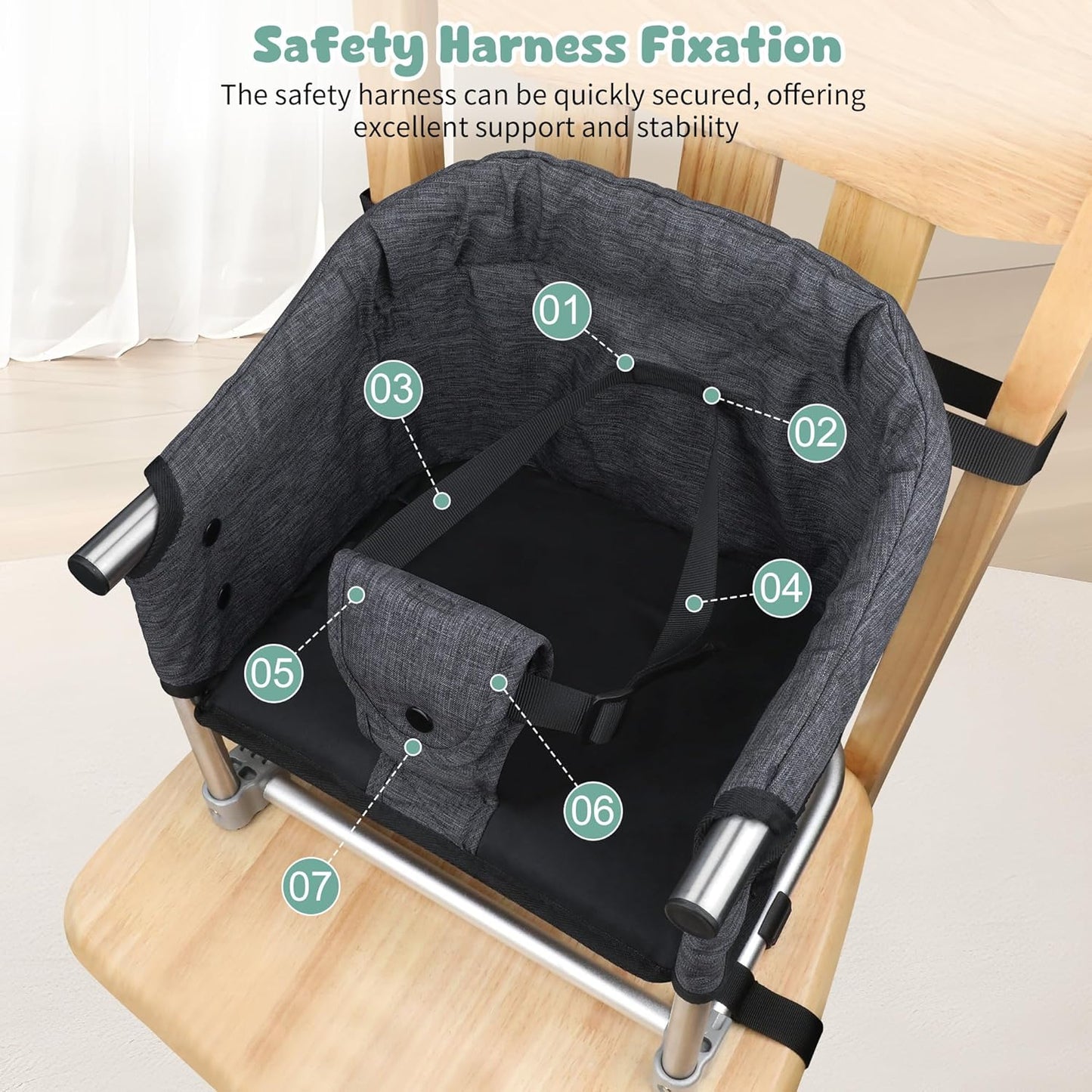 Booster Seat for Dining Table: Portable Toddler Booster Chair with Safety Buckle and Height Adjustable, Foldable Baby Feeding Chair, Kids High Chair Booster Seat for Kitchen Home Travel - Black