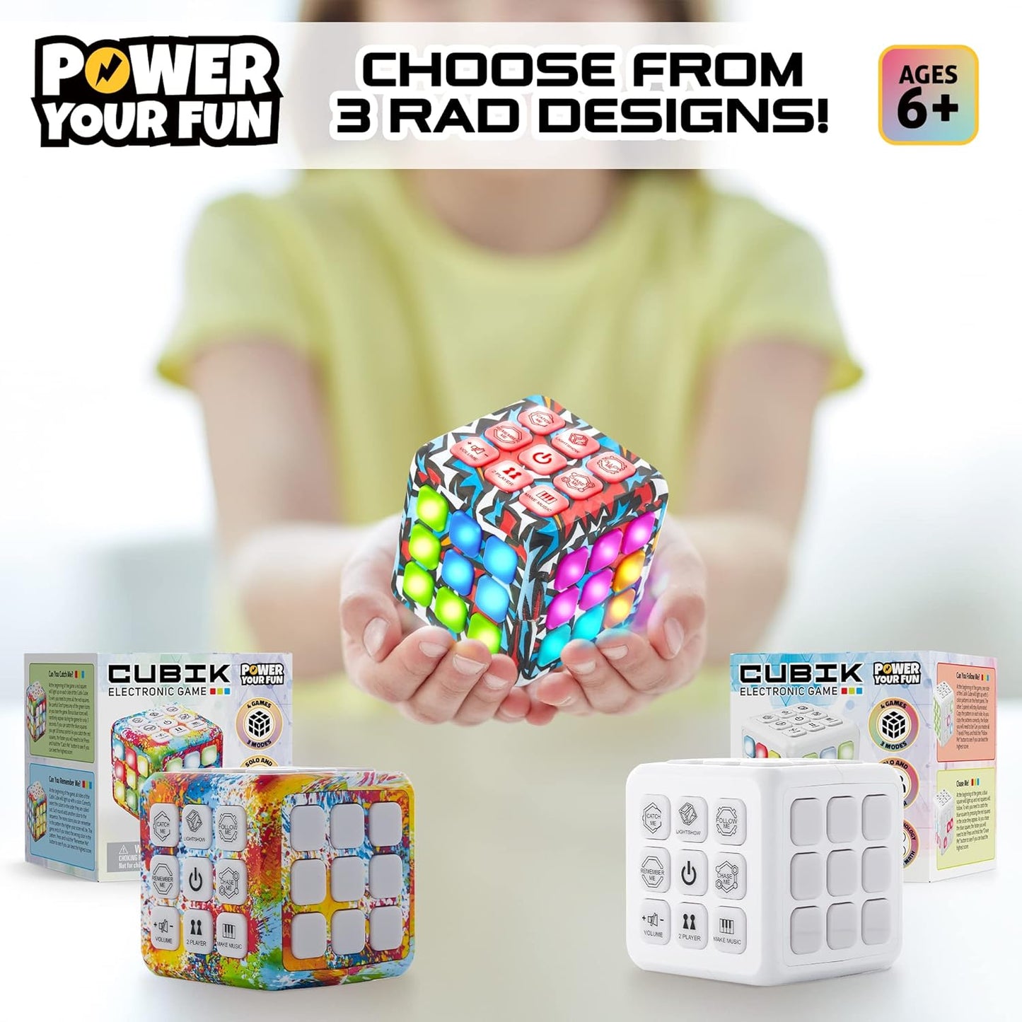 Power Your Fun Cubik LED Flashing Cube Memory Game - Electronic Handheld Game, 5 Brain Memory Games for Kids, STEM Sensory Toys Brain Play Puzzle Fidget Light Up Cube Stress Relief Fidget Toy (Action)