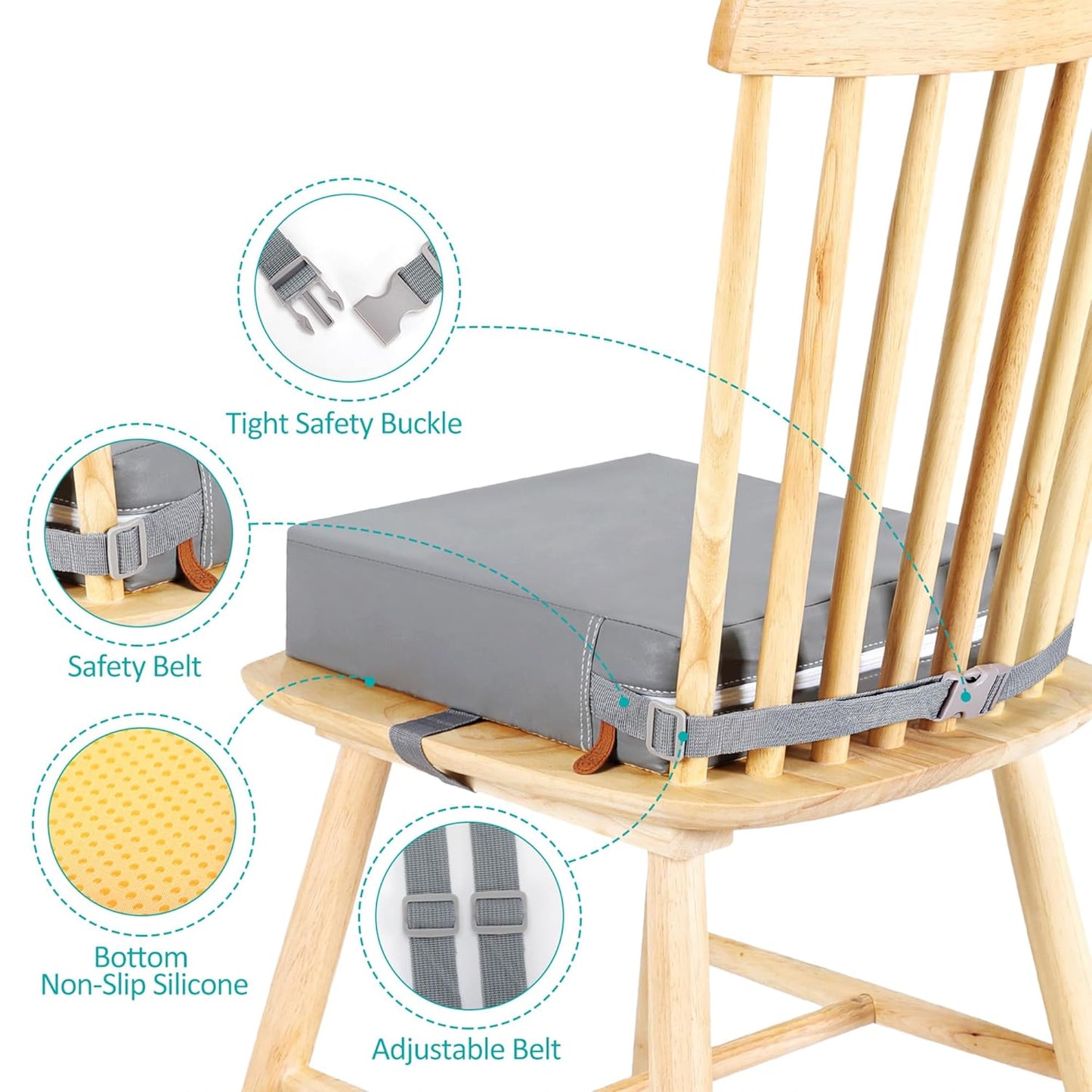 Toddler Booster Seat for Dining Table, Stronger Support Non-Slip Bottom Booster Seat for Kitchen Chair 2 Adjustable Straps Portable Travel and Home Increasing Booster Cushion Kid Baby(Grey)