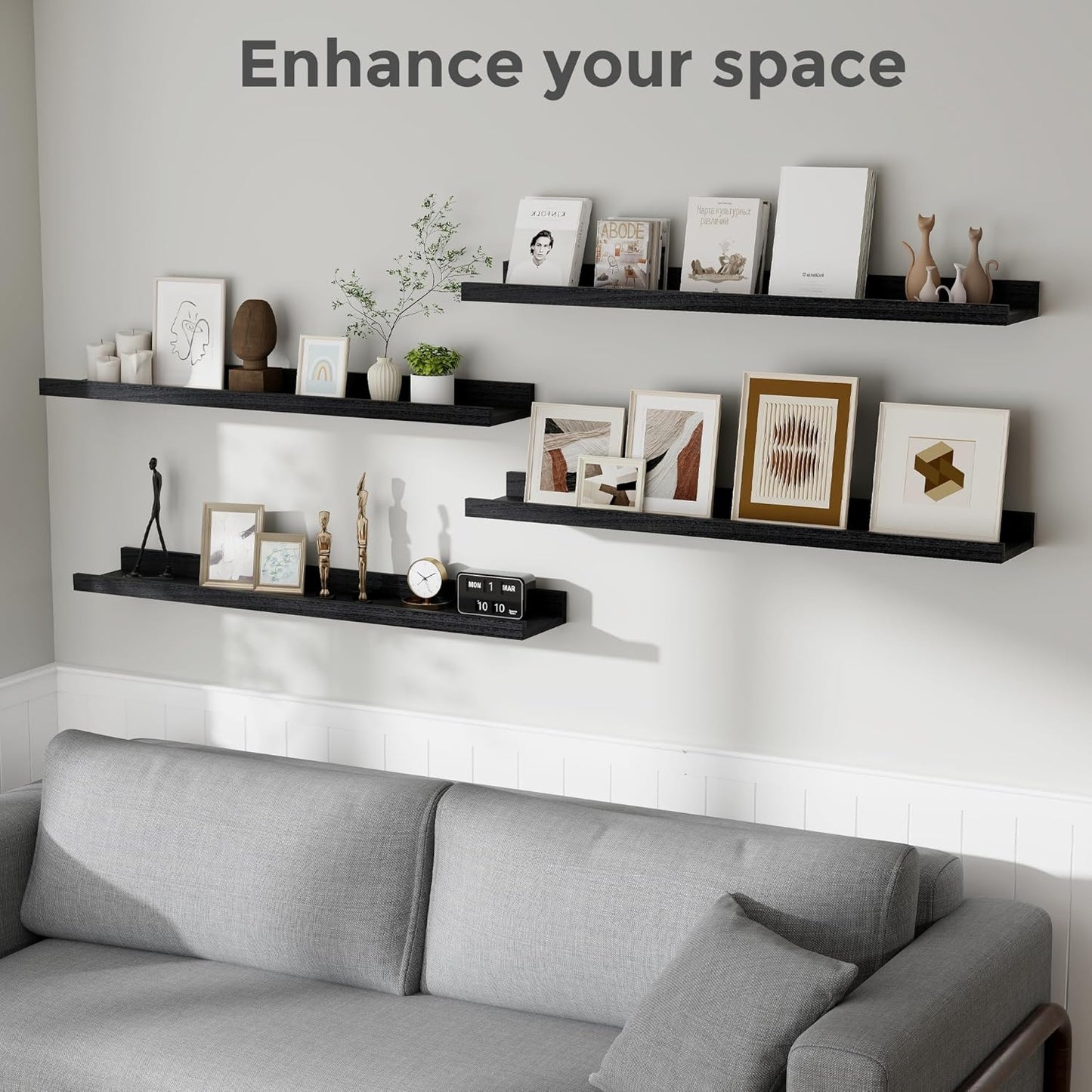 Fun Memories Floating Shelves Wall Mounted 36 Inch Long, Black Picture Shelves for Wall with Ledge, Solid Wood Wall Shelves with Lip Set of 4 for Bedroom, Kitchen, Bathroom