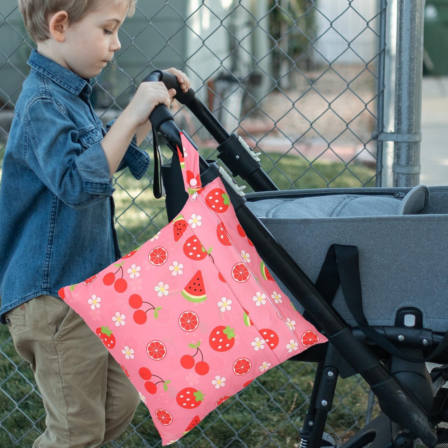 2pcs Cloth Diaper Wet Dry Bags, Waterproof Reusable Wet Bag with 2 Zipper Pockets & Handle, Washable Laundry Bags for Baby Adult Clothes Travel Beach Pool Daycare Yoga Gym Exercise Swimsuits,