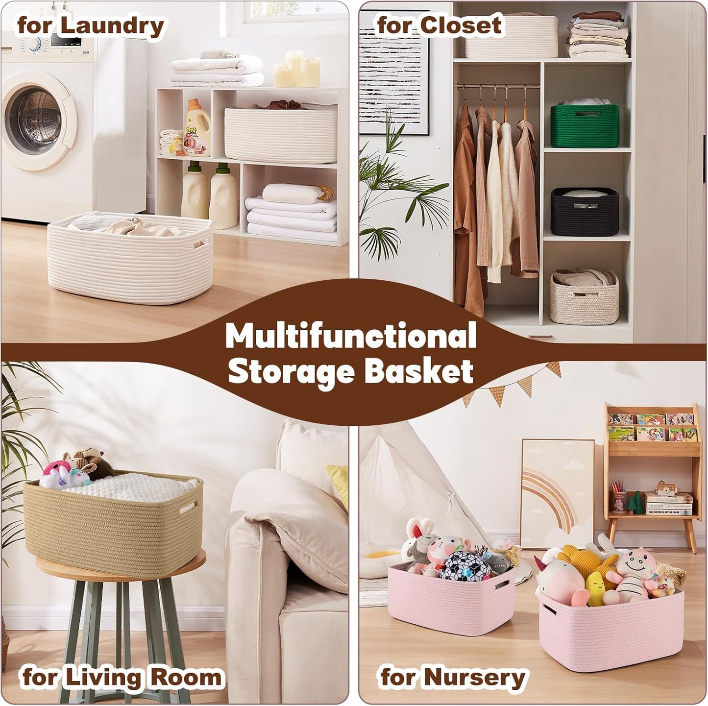 OIAHOMY Storage Basket for Shelves, Closet Cube Storage Bins Baskets for Clothes Blanket Towels, Baby Nursery, Toy Baskets Box, Woven Rope Basket, 17.72*12.99*7.87 IN, 2 Packs Mixed Pink