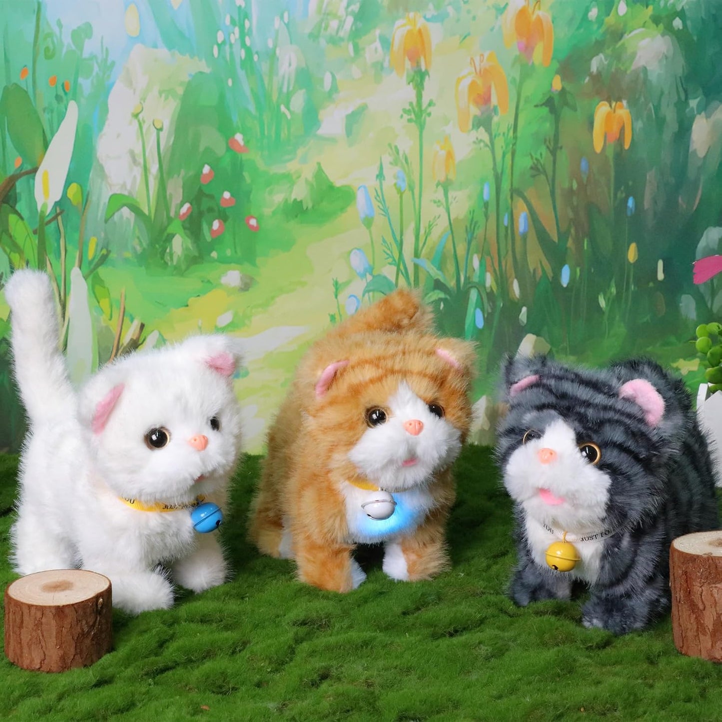 Easfan 7" Walking Plush Kitty Toy Stuffed Animal Electric Interactive Talking Musical Plush Toy White Cat Tail Wagging Birthday Gifts for Kids Toddlers