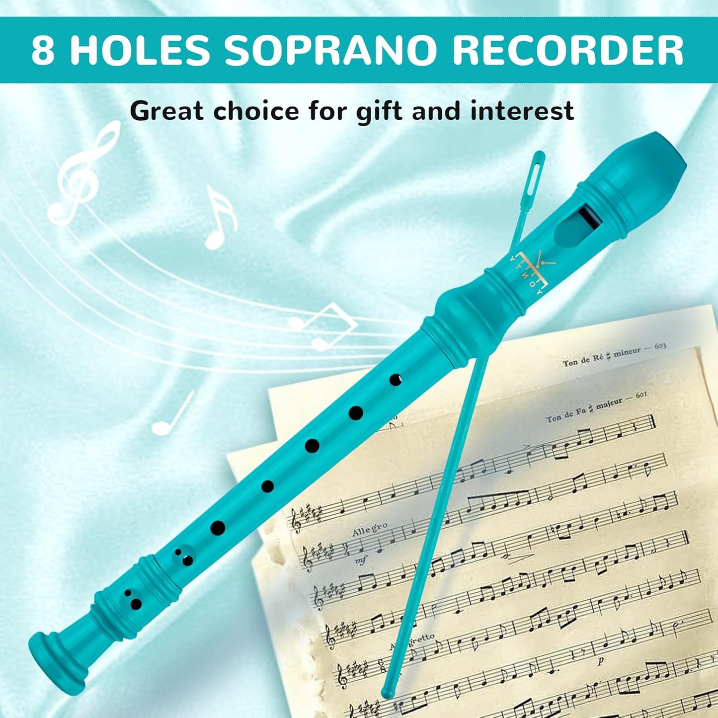 Soprano Recorder 8-Hole Instrument for Beginners Kids Students, Baroque Style C Key Flute with Cleaning Rod & acking Bag for Education & Entertainment - Cyan