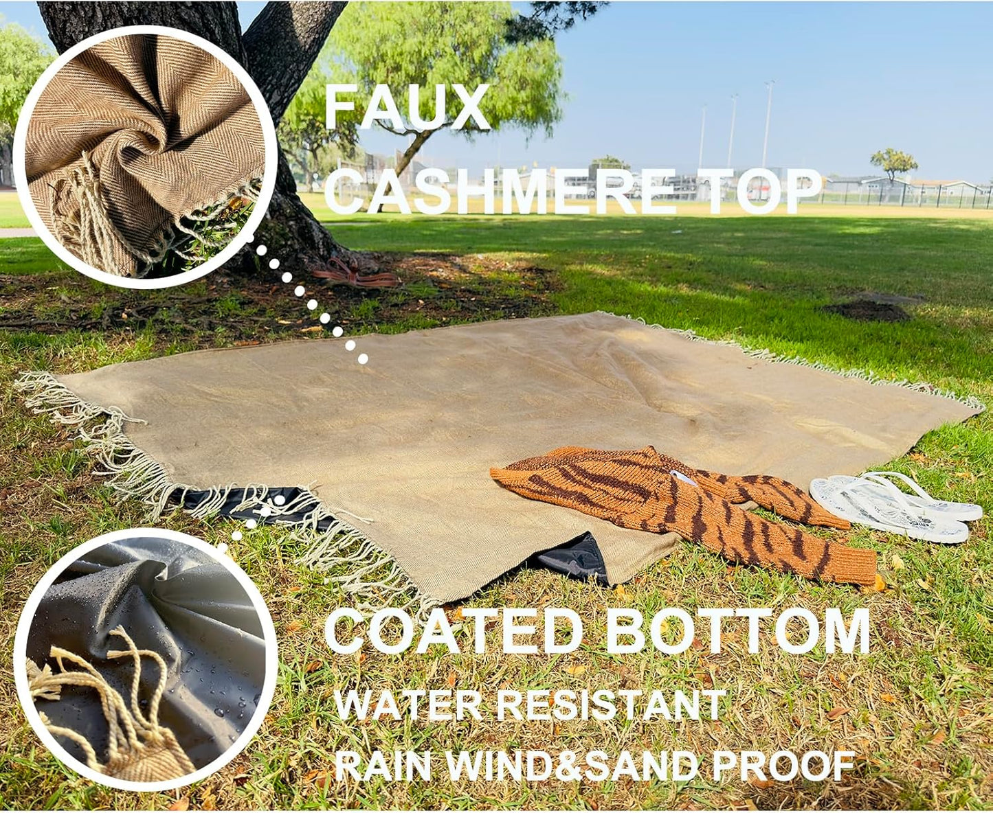 Picnic Blanket Extra Large Waterproof with Strap 59"x79" - Machine Washable Tassels Faux Wool Cashmere for Park, Grass, Camping, Hiking, Concerts (Coffee, 59"X79")