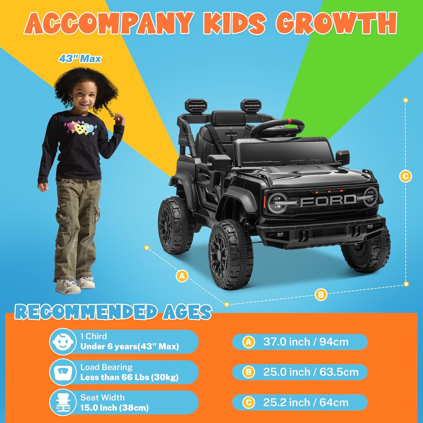ENYOPRO 12V Licensed Ford Bronco Raptor Ride On Truck Car for Kids, Electric Play Car Ride-On Toy w/Parent Remote Control, 4-Wheel Suspension, Bluetooth Music, LED Lights, Ideal Kids Car Gift (Black)