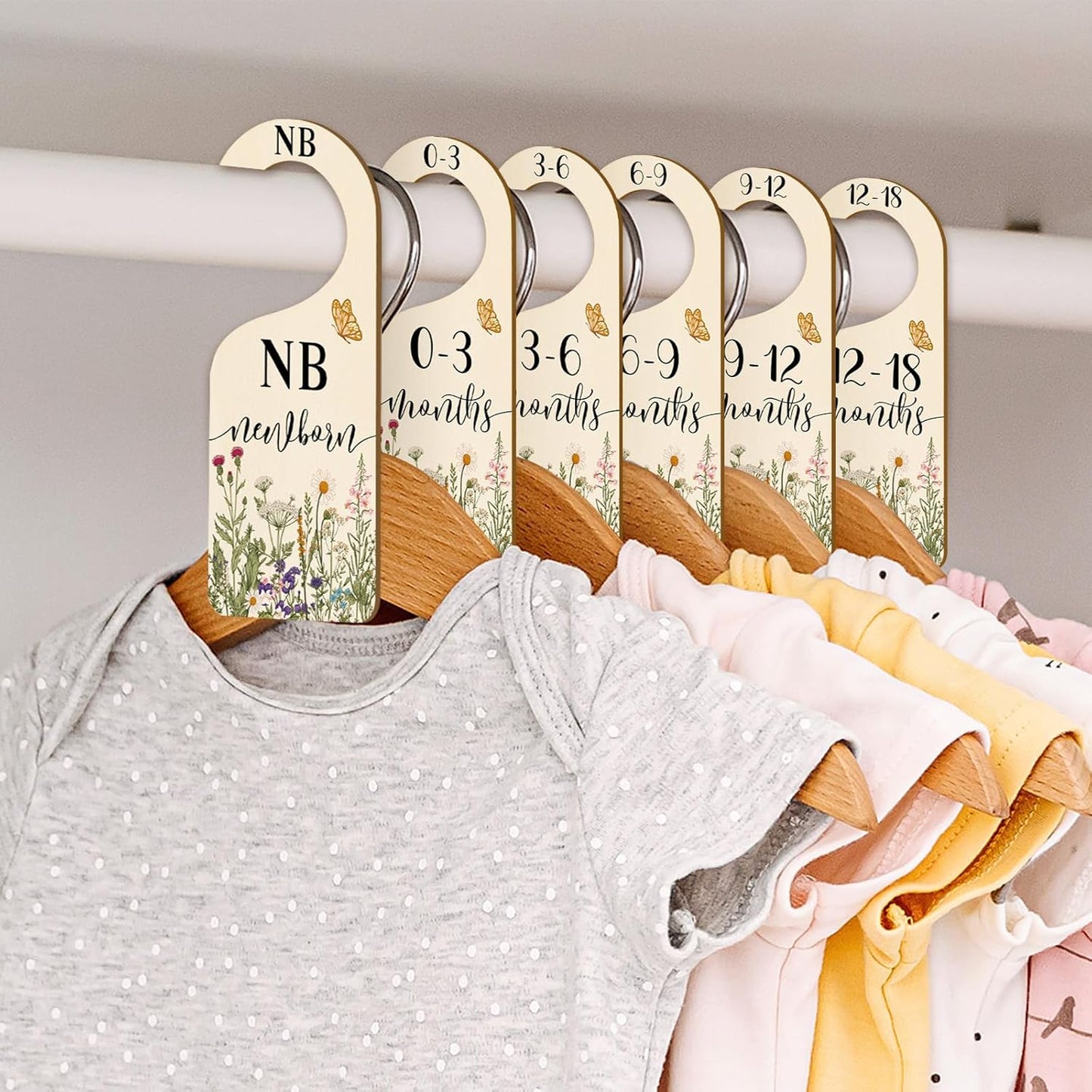 Whaline 8Pcs Wildflower Baby Closet Size Dividers Vintage Floral Leaves Hanging Wood Baby Closet Organizer Newborn to 24 Months Thicken Baby Wardrobe Organizer for Home Nursery