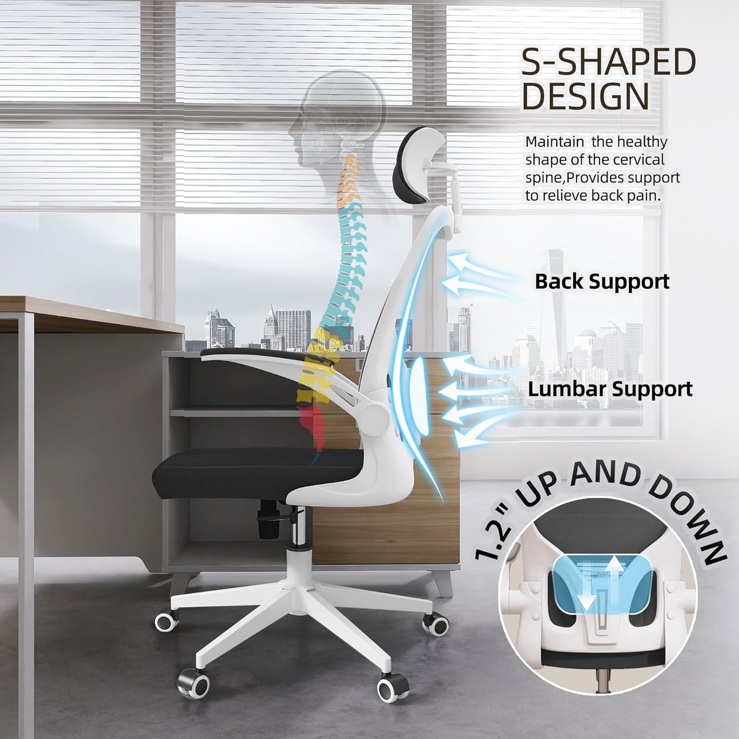 Ergonomic Office Chair, High-Back Mesh Computer Desk Chair with Adjustable Height, Lumbar Support, Flip-Up Armrests,headrest,and Swivel Rolling Design for Home and Office Use