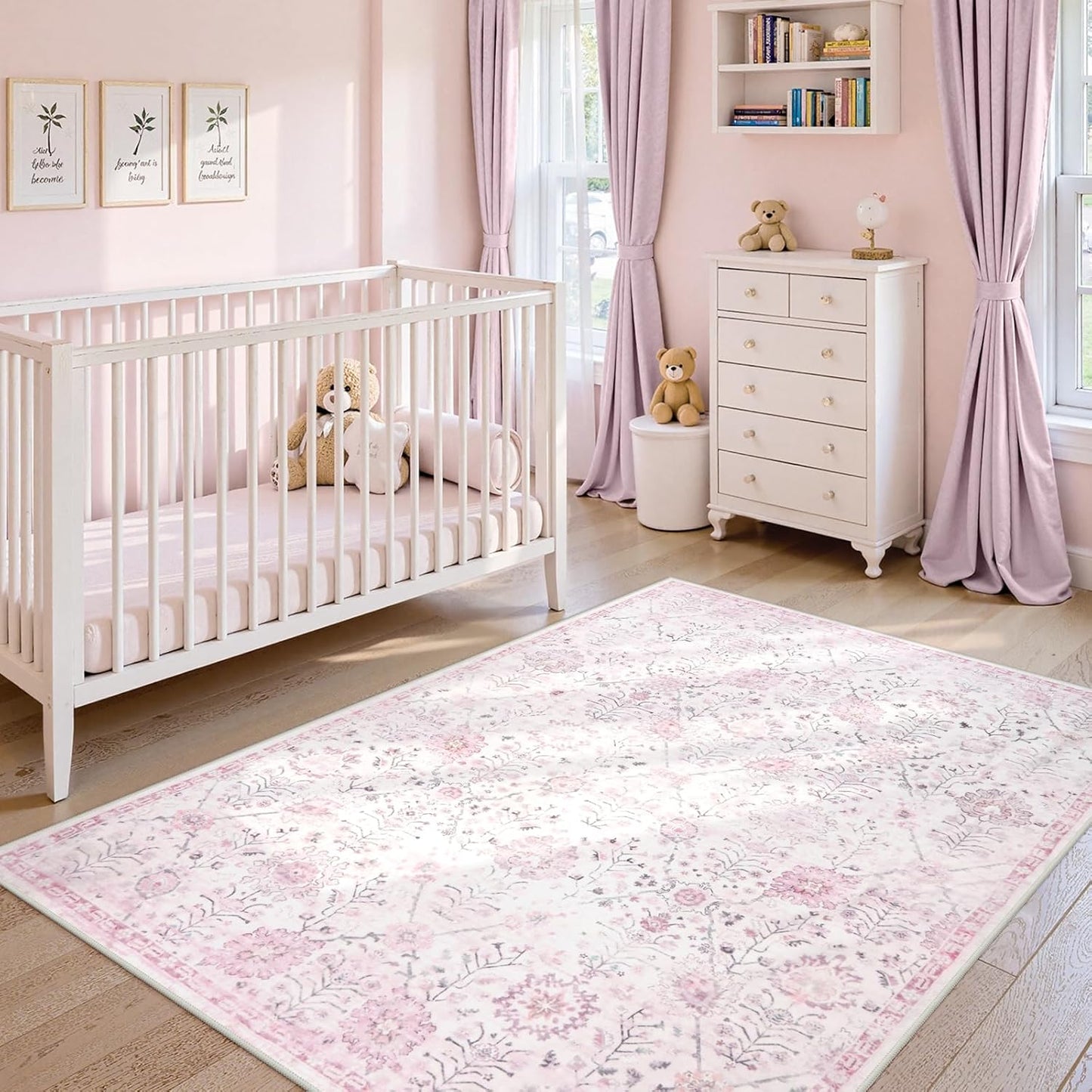 Lahome Nursery Rug 5x7, Soft Kids Rugs for Cozy Bedroom, Washable Boho Purple Carpet for Toddlers Girls Room, Non Shedding Non Slip Pastel Floral Print Thin Simple Carpets