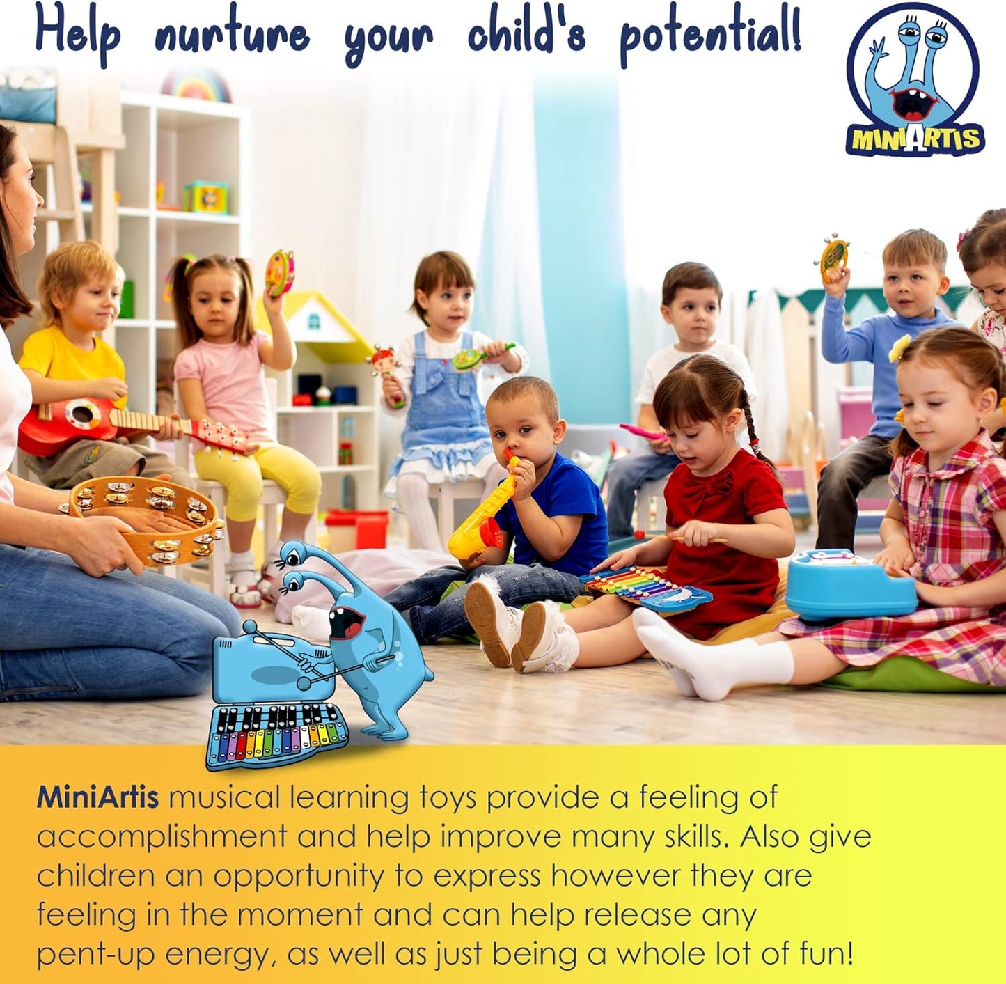 MINIARTIS Glockenspiel Xylophone | 25 Note Colorful Metal Keys Xylophone for Kids | Percussion Musical Instrument | Educational Music Toy Includes Music Songbook, Mallets and Blue Carry Case