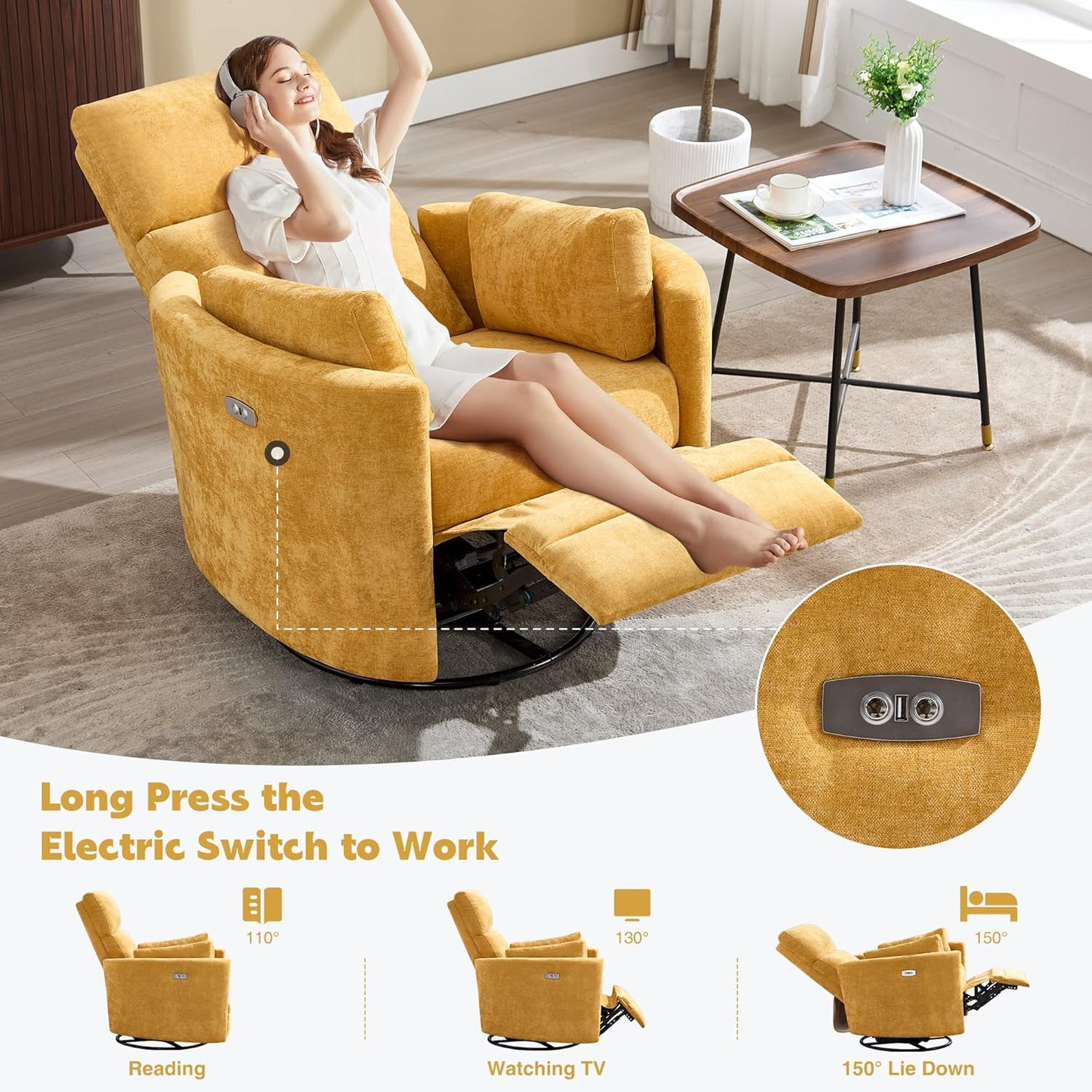 Recliner Swivel Glider Electric Rocking Chair with USB Port,Multifunction Power Recliner Living Room Bedroom with Upholstered Nursery Chair Adult Rocking Chair with 2 Pillows (Yellow, Power-Driven)