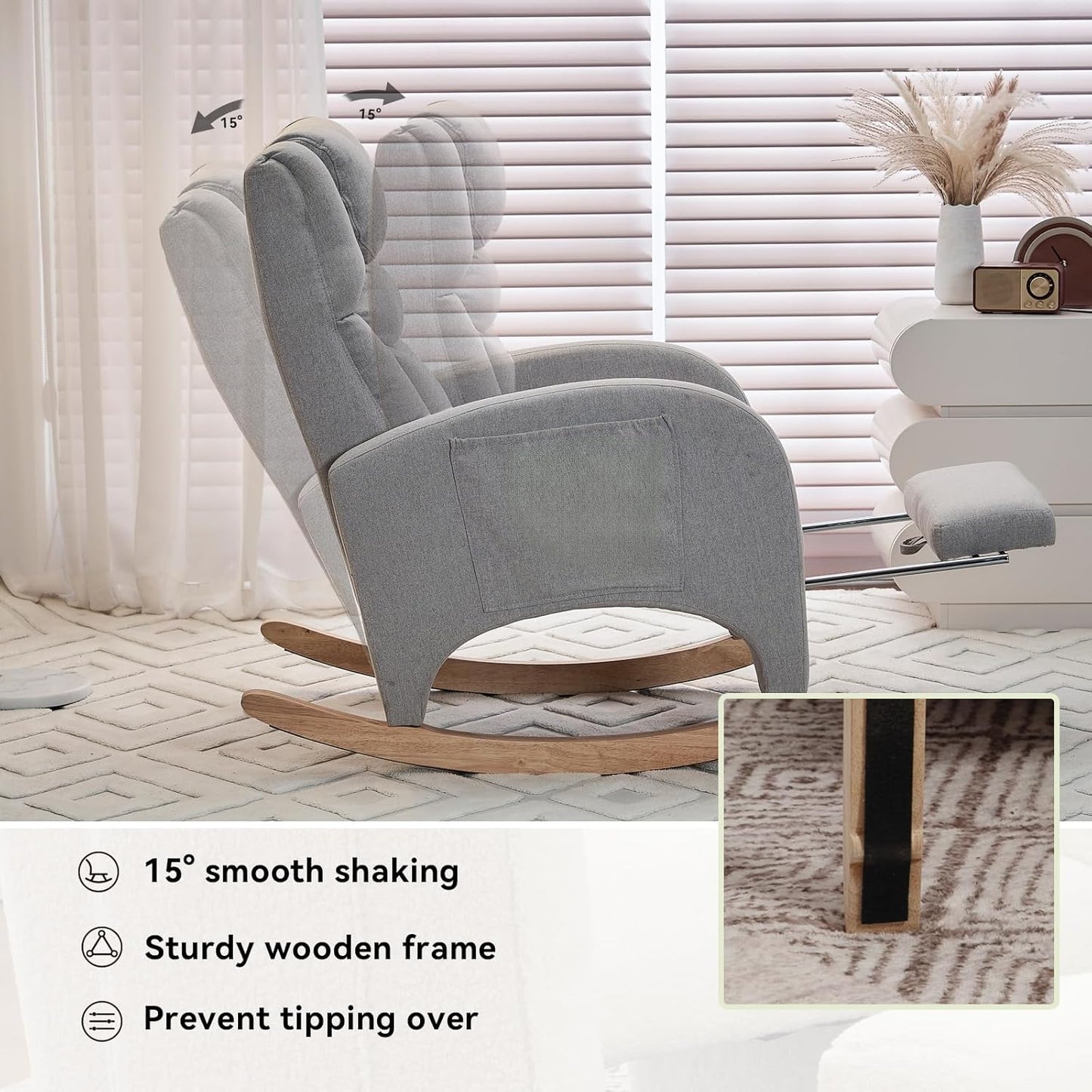 Rocking Chair Nursery, Modern Glider Chair with Adjustable Footrest and Solid Wood Legs, High Backrest Nursery Chair with Side Pocket, Rocker Armchair for Living Room Bedroom, Cotton Linen Light Gray