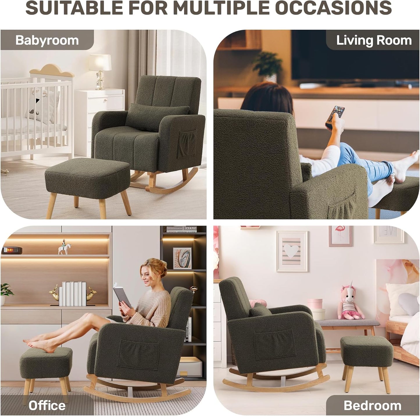 Rocking Chair with Ottoman, Upholstered Nursing Glider Rocker with High Backrest and Side Pocket, Comfy Reading Chair with Solid Wood Legs for Nursery/Living Room/Bedroom Green