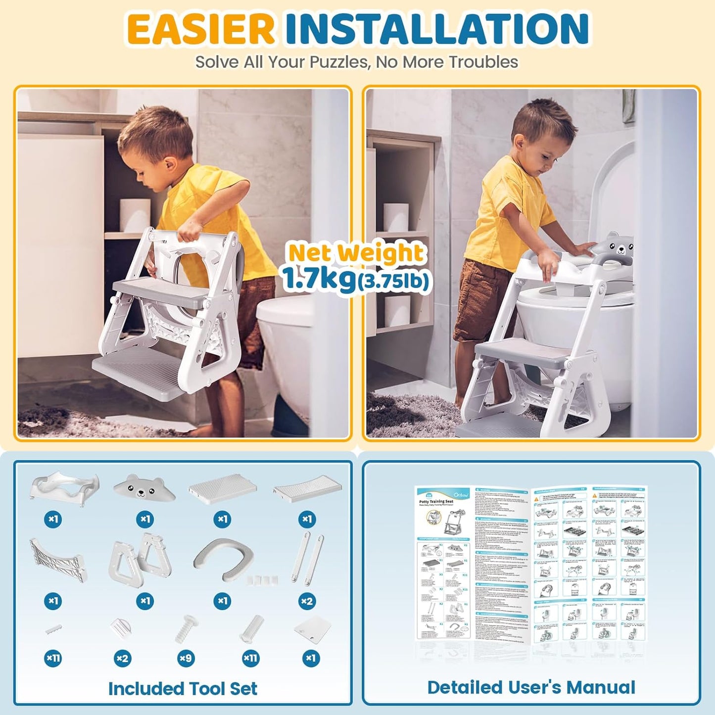 Orzbow 2-IN-1 Potty Training Toilet Seat with Step Stool for Toddler, Stability Training Potty Seat for Kids Boys Girls with Splash Guard and Anti-Slip Pad, Adjustable Ladder & Potty Seat Height, Grey