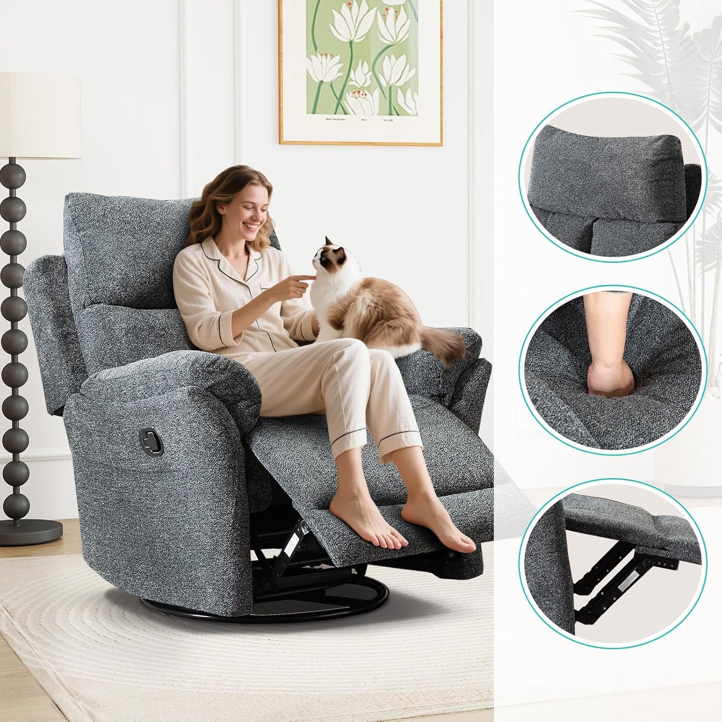 ANJ Swivel Rocker Recliner Chair Nursery, Manual Fabric Small Rocking Recliner, Modern Rocking Reclining Chairs for Living Room, Bedroom, Small Space (Gray)