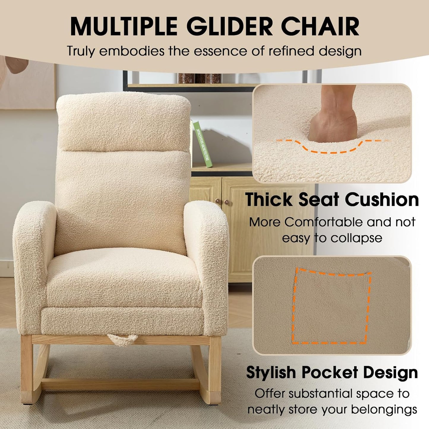 NIOIIKIT Modern Nursery Rocking Chair, Teddy Upholstered Rocking Chair with Footrest, Comfortable Rocker Recliner with Side Pocket, Glider Rocker for Living Room, Bedroom, Nursing Room (Cream)