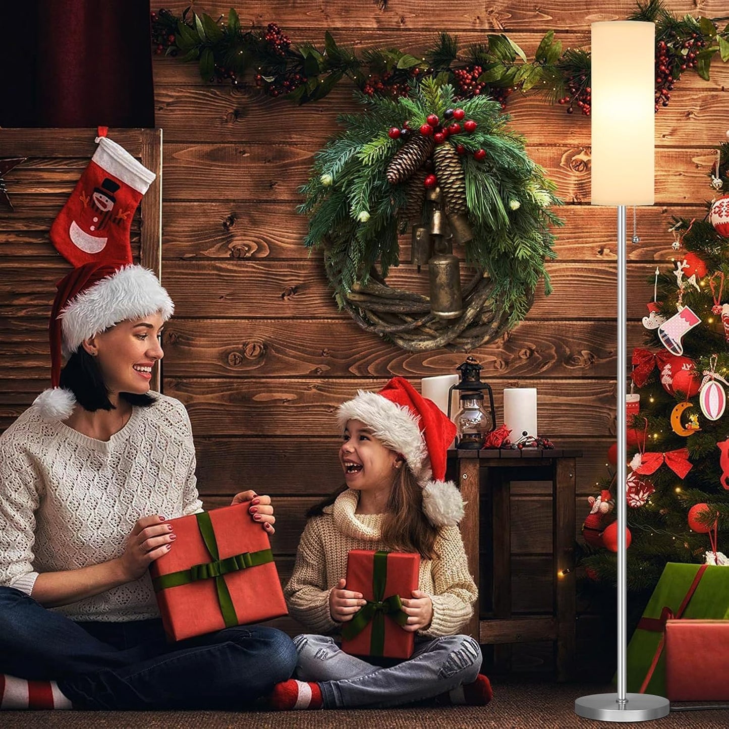 Ambimall Floor Lamp for Living Room with 3 Color Temperatures Bulb, 64" Standing lamp with Linen lampshade for Bedroom, Minimalist Pole Lamp, White Shade & Silver Pole