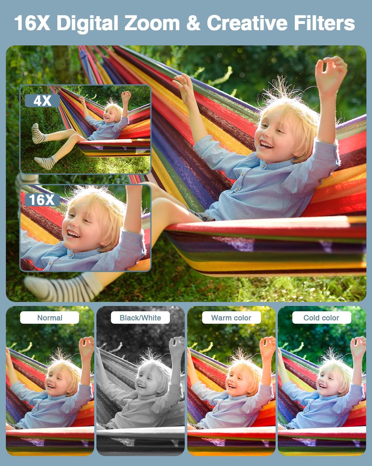 Digital Camera, FHD 1080P Point and Shoot Camera with 16X Zoom Anti Shake, Compact Small Portable for Boy Girls(Deep Black)