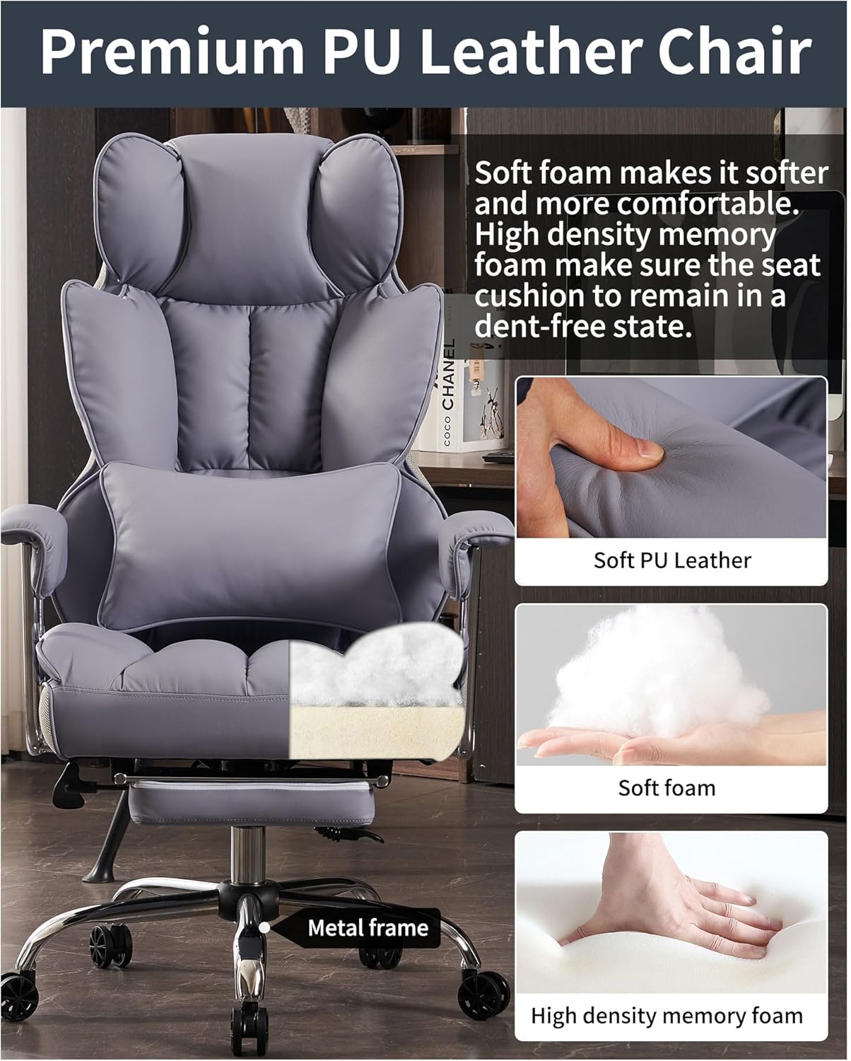 Efomao Big and Tall Office Chair 400LBS, Heavy Duty Executive Office Chair with Foot Rest, Home Office Desk Chairs, Purple Big Tall Computer Chairs