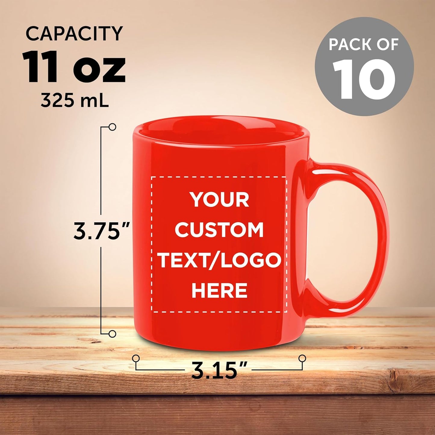 Custom Ceramic Coffee Mugs 11 oz. Set of 10, Personalized Bulk Pack - Coffee cup set, Iced coffee cup, Gaming mug - Red