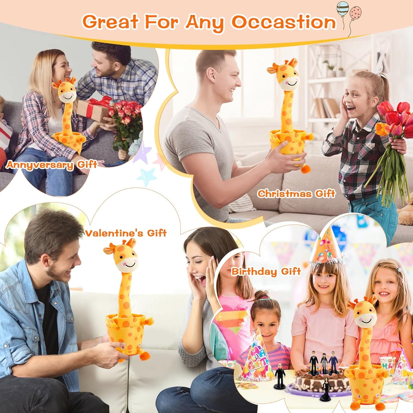Dancing Talking Giraffe Toy, Stuffed Animal Baby Toy Repeating What You Say, Glowing Musical Electronic Giraffe Gifts for Toddlers 1-3 Years Old (Smiling Giraffe)
