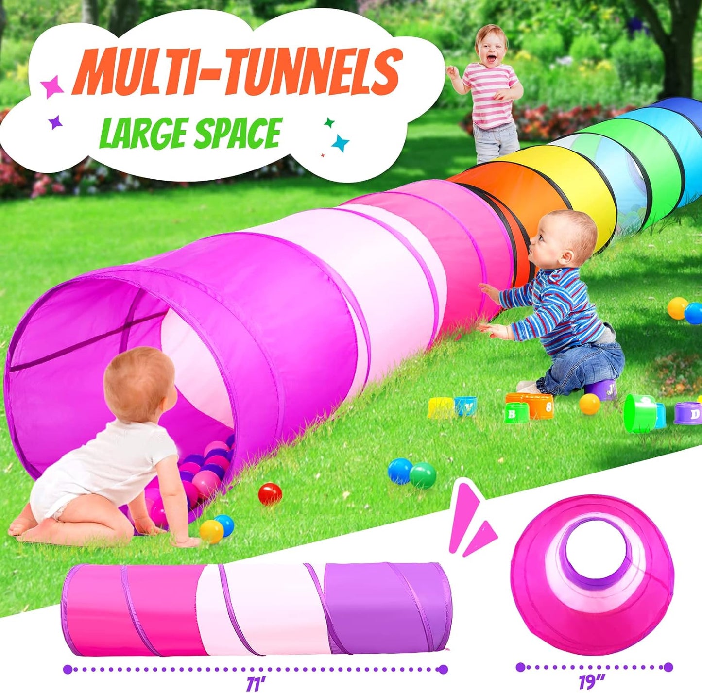 Kids Play Tunnel Tent for Toddler, 2 Pack 6-ft Pop Up Crawl Tunnel Toy for Baby Children or Dog Cat, Collapsible Gift for Boy and Girl Play Tunnel Indoor Outdoor Game (Rainbow Tunnel+Pink Tunnel)