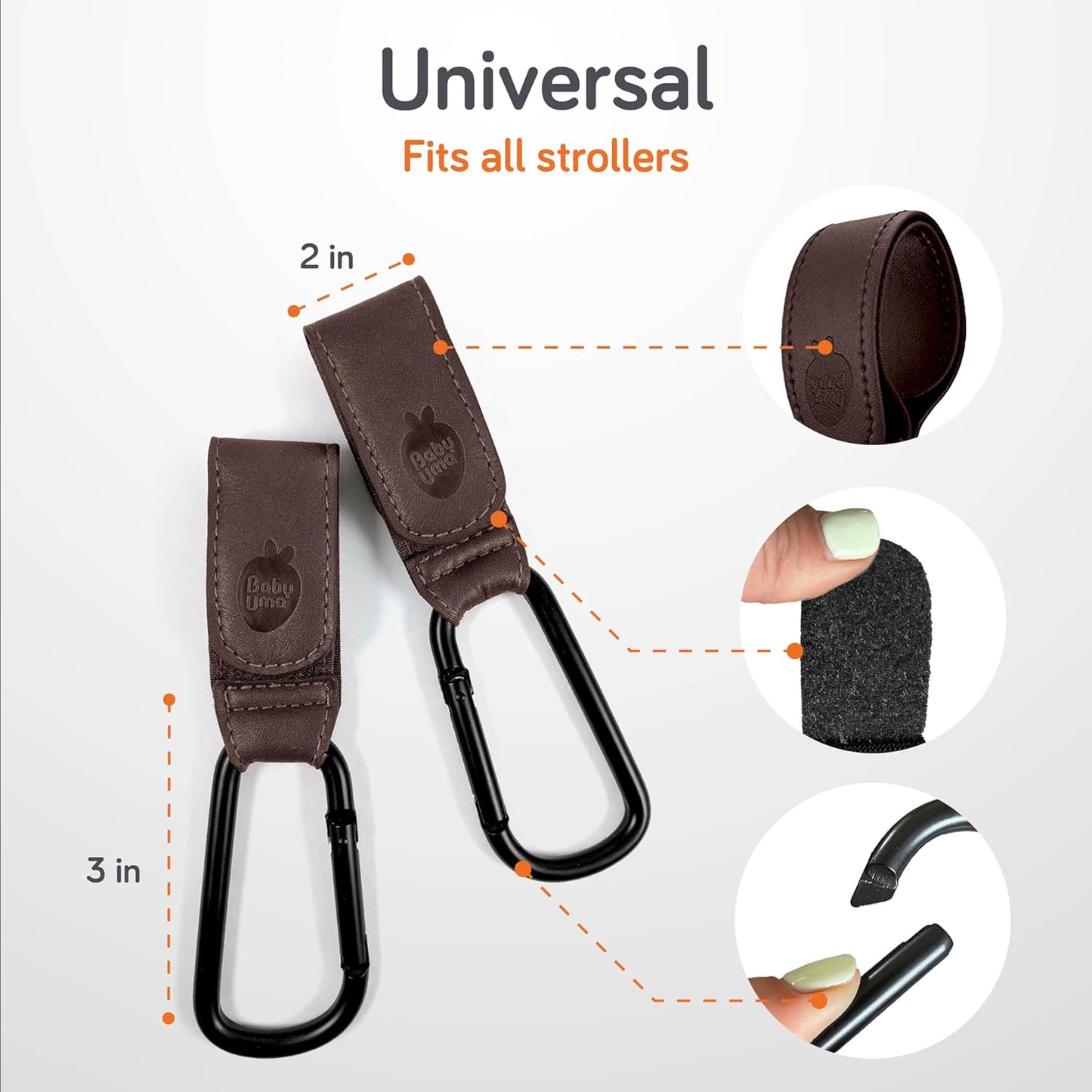 Baby Uma Stroller Hooks for Bags (2 Pack) - Leather-Style Stroller Clips and Hooks, Non-Slip Stroller Accessories, Carry 11 lbs Per Stroller Hook, Universal Baby Essentials & Stroller Accessories