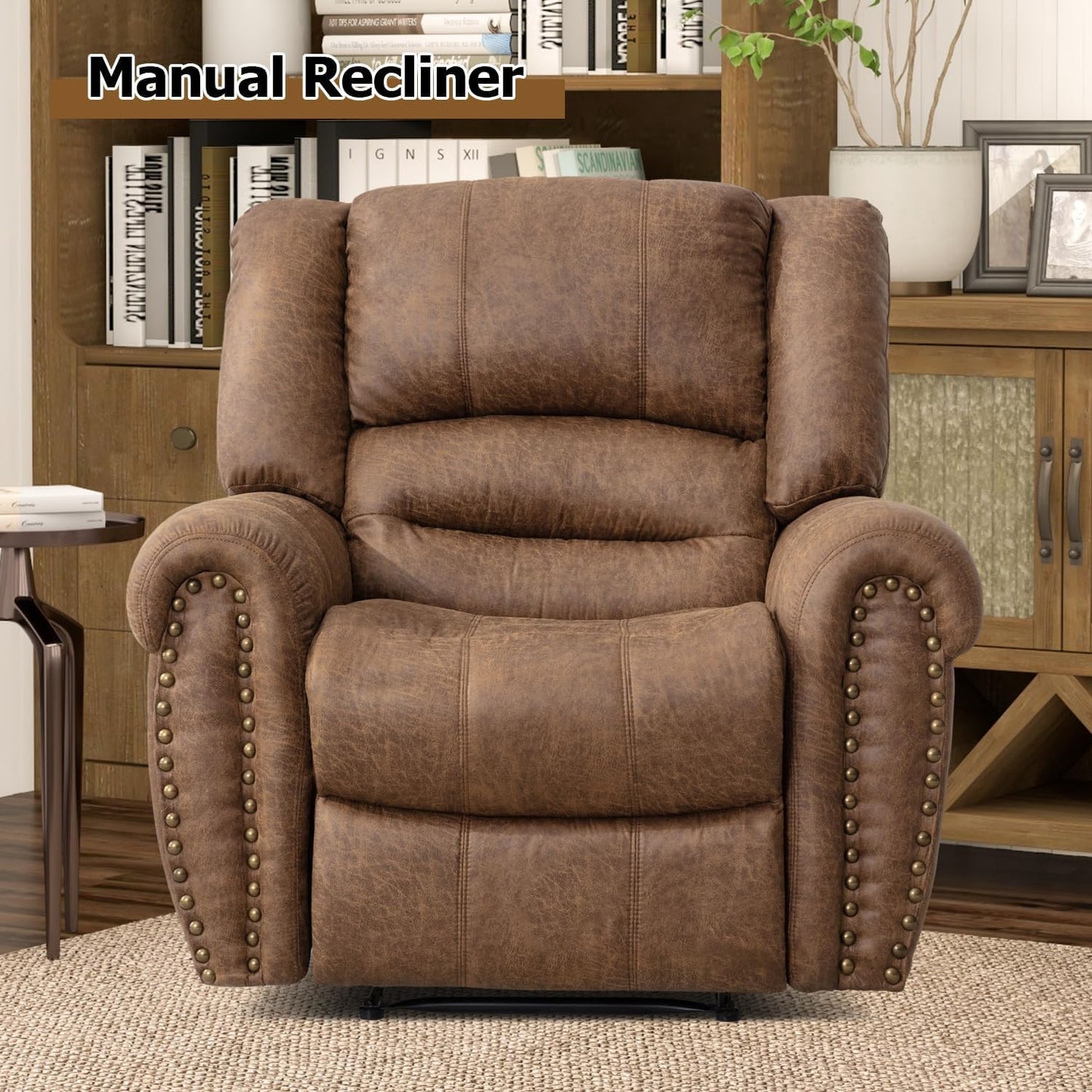 CANMOV Leather Recliner Chair Set of 2, Classic and Traditional Manual Recliner Chair with Comfortable Arms and Back,Manual Single Recliner Sofa for Living Room, Camel