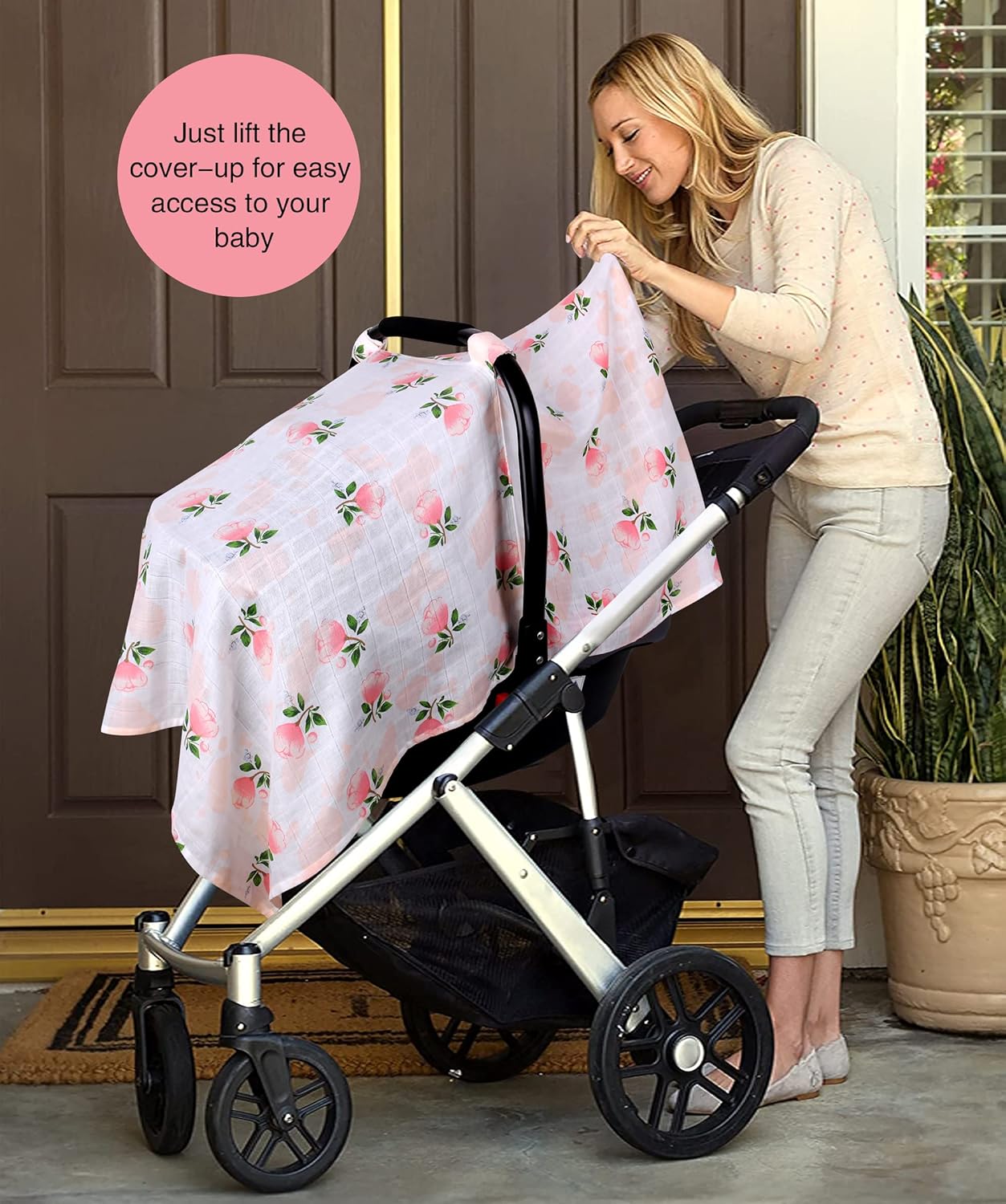 Rquite Car Seat Covers for Babies - 100% Muslin, Lightweight, Soft, Breathable Baby Carrier Cover - Summer Stroller Canopy (Pink Flower)