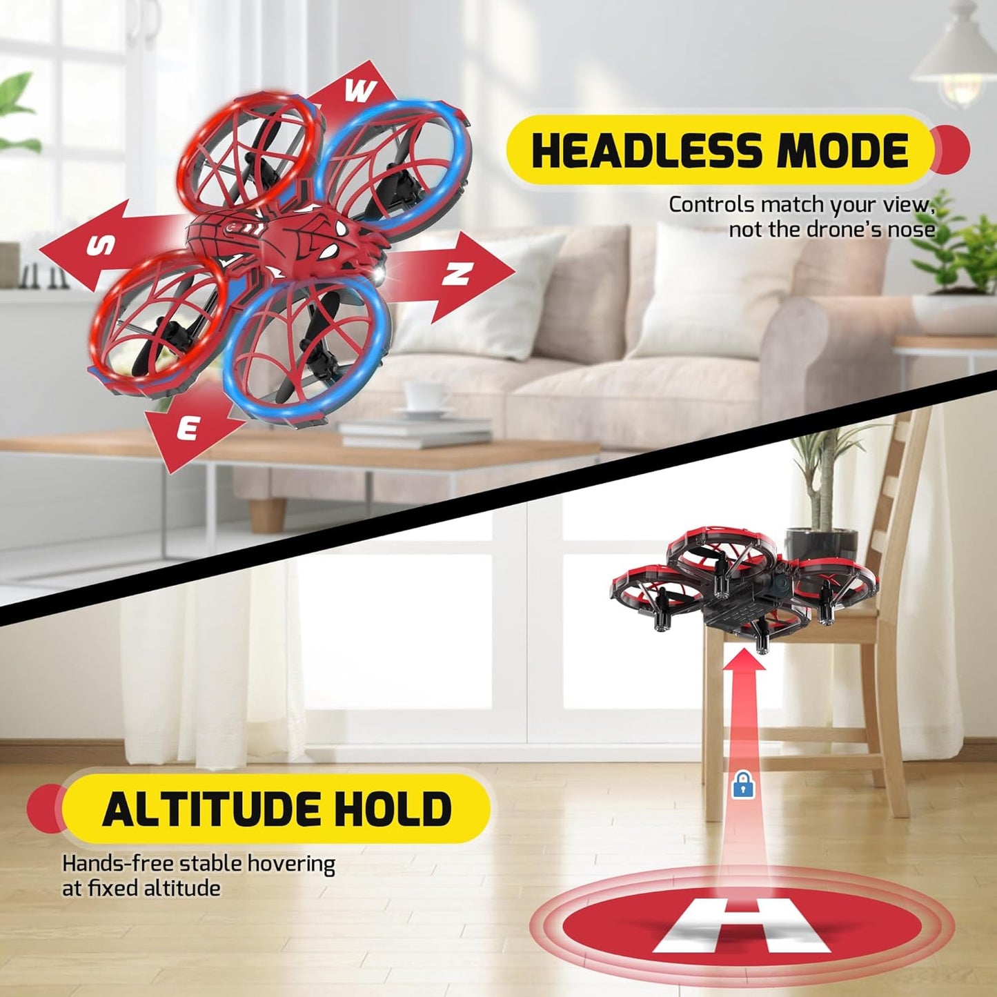 Spider Mini Drone for Kids with 3 Lighting Effects 2 Batteries, RC Helicopter with Altitude Hold, 360° Flips, Headless Mode, 3 Speed, Birthday Gifts Toys for Beginners 8-12 Boys Girls