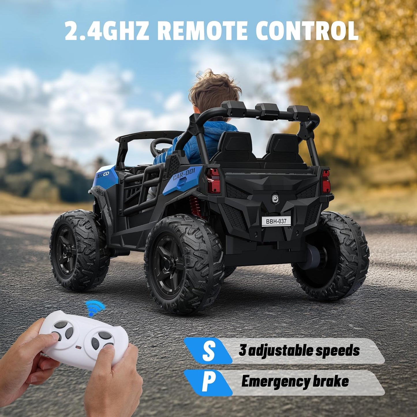 24V 2 Seater Ride on Car Truck, 4x200W, EVA Tires, 4WD/2WD, Remote Control, Rainbow Lights, Shock Absorbers, Bluetooth, Ride On UTV Toy for Kids Ages 3-8, Blue