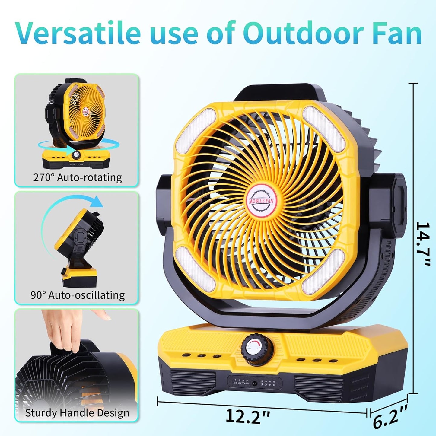 Battery Powered Fan Powerful Airflow Battery Operated Air Circulator Fan for Bedroom,Quiet & 360°Auto Oscillating Rechargeable Camping Fans with LED Light (RGBW) X66 Yellow