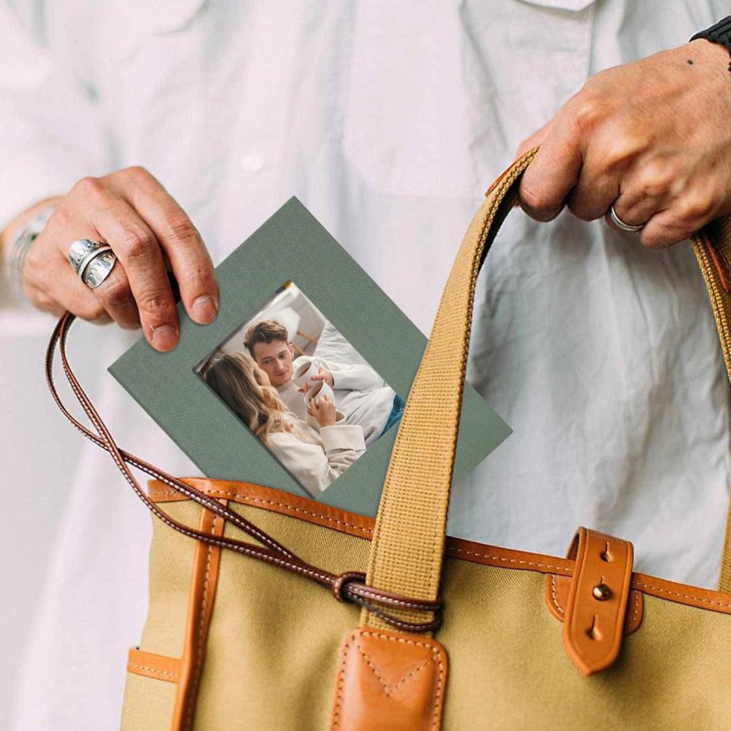 Small 4x6 Photo Album 24 Pockets Linen Cover with Front Window Portable Mini Picture Book for Travel Wedding Memories Organizer Gray Green