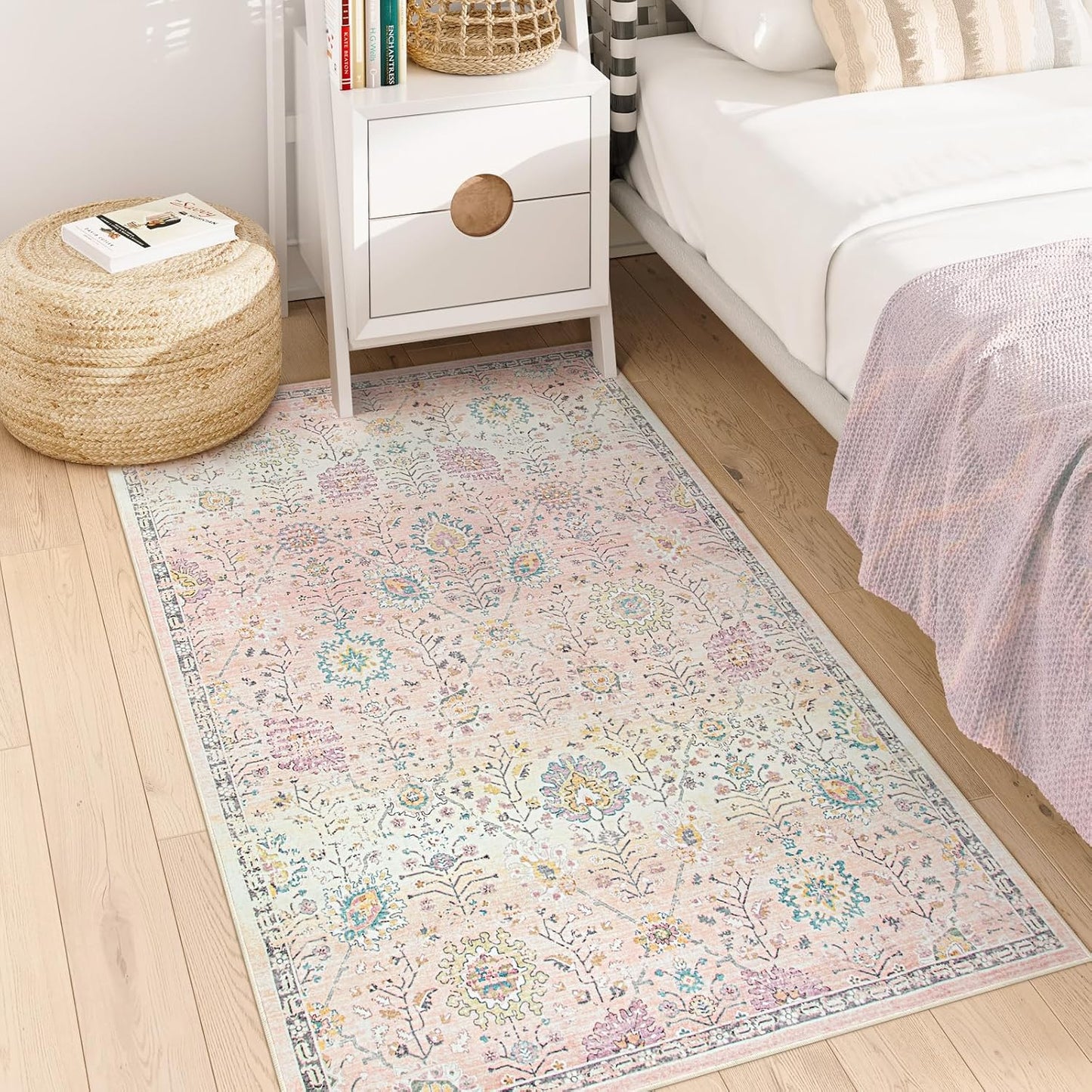 Lahome Light Pink Boho Rug, 3x5 Machine Washable Area Rugs for Dorm Girls, Soft Floral Small Nursery Pastel Mat, Pink Carpet for Bedroom Kids Room