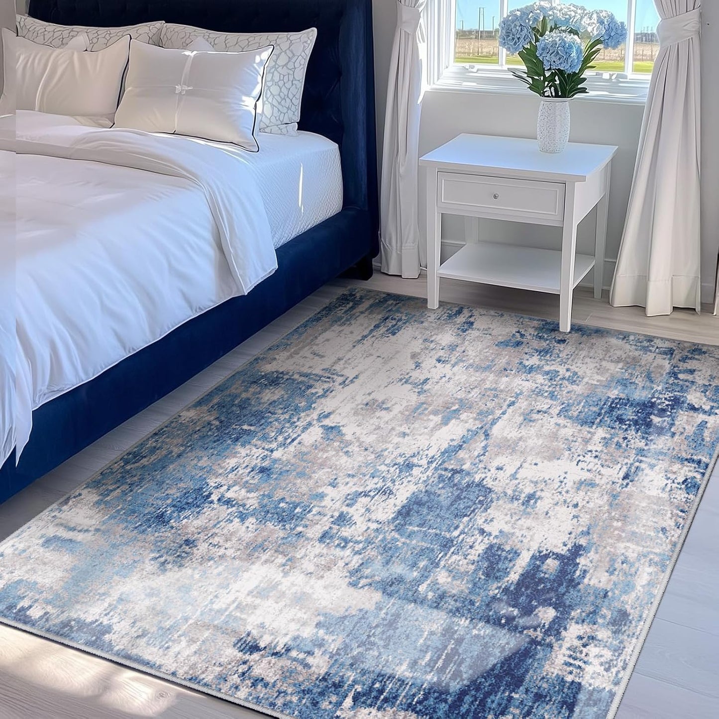 Washable Area Rugs 3'x5' Non-Slip Modern Abstract Soft for Living Room Entryway Bedroom Nursery, Print Pattern, Blue Grey Navy Gray