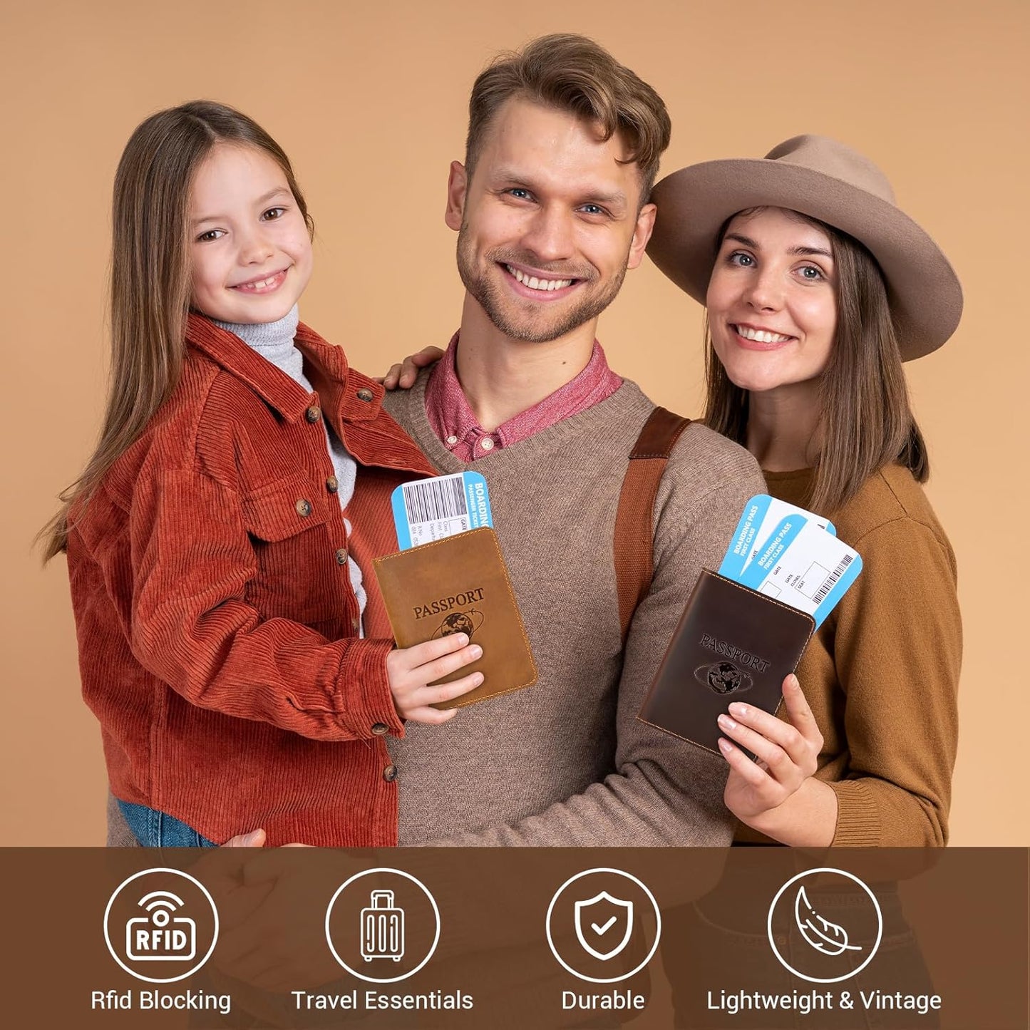 BIAOTIE Premium Leather Passport Holder Covers, Rfid Travel Wallet Passport Document Holder, Travel Essentials Wallet Cover Case for Men and Women (Light Brown)