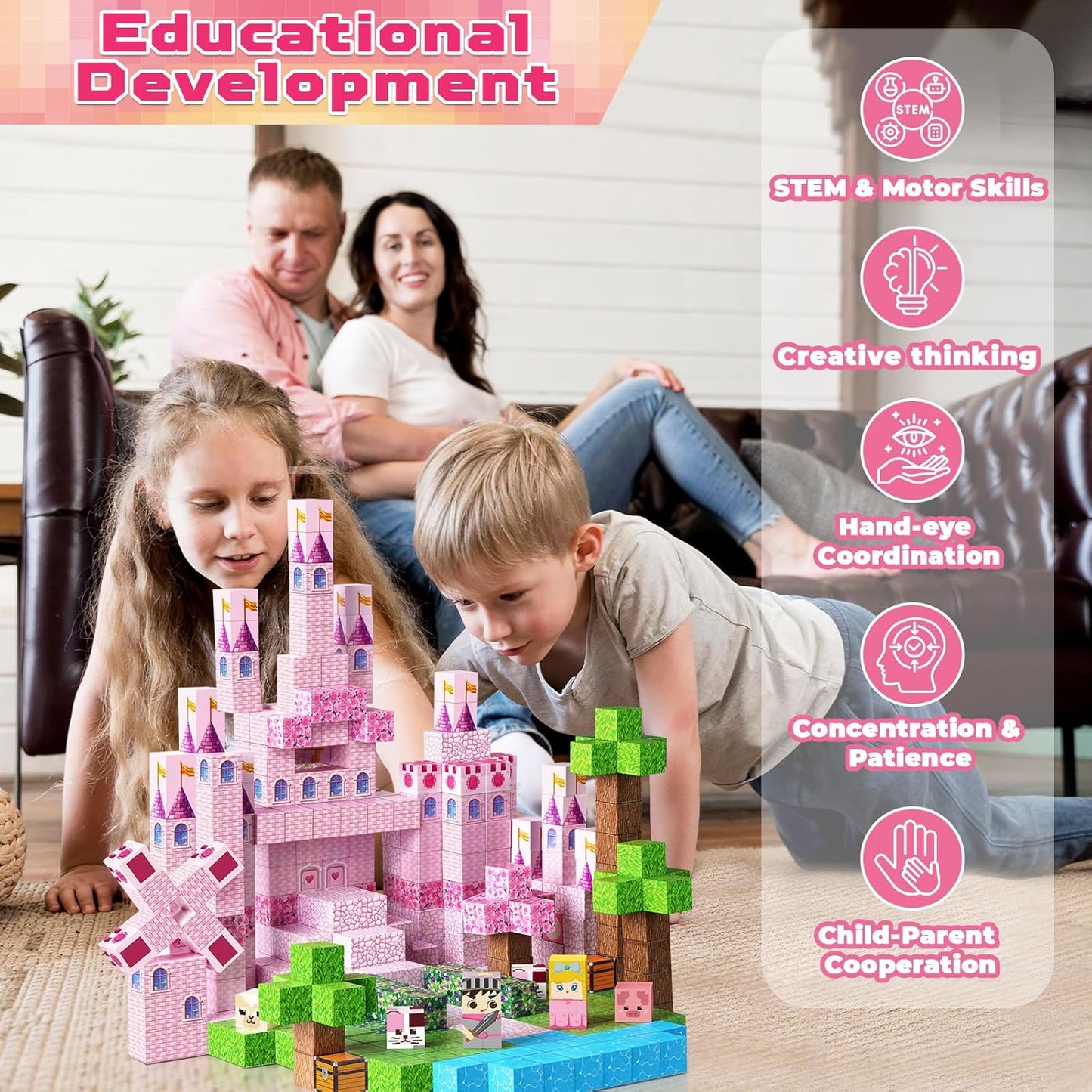 Magnetic Blocks - 100PCS Magnetic Building Block for Kids, Pink Princess Castle Magnet Cubes Sets, Princess Toys for Girls Ages 3 4 5 6 7 8-12 Holiday Birthday Gifts