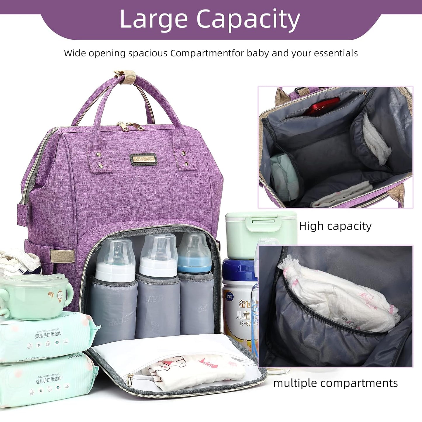 Diaper Bag Backpack, Diaper Bags for Baby Girls Boys, Baby Bags for Moms Dads, Nappy Changing Bag with Insulated Pockets,Multi-functional Waterproof Backpack with Stroller straps-Purple