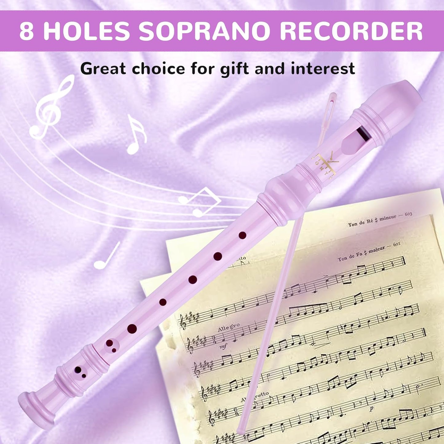 Soprano Recorder 8-Hole Instrument for Beginners Kids Students, Baroque Style C Key Flute with Cleaning Rod & acking Bag for Education & Entertainment - Amethyst