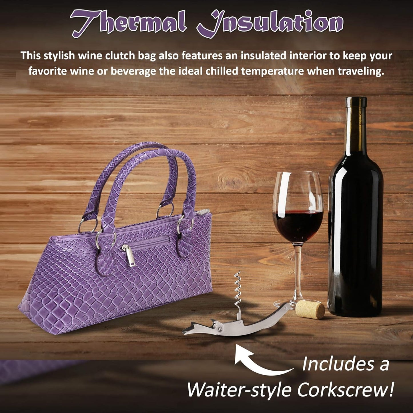 Wine Clutch Bag (Thermal Insulated) Trendy Women’s Carry Tote | Holds Red & White 750mL Bottles | Trendy Fashion | Incl. Portable Waiter-Style Corkscrew (Purple Burmese)