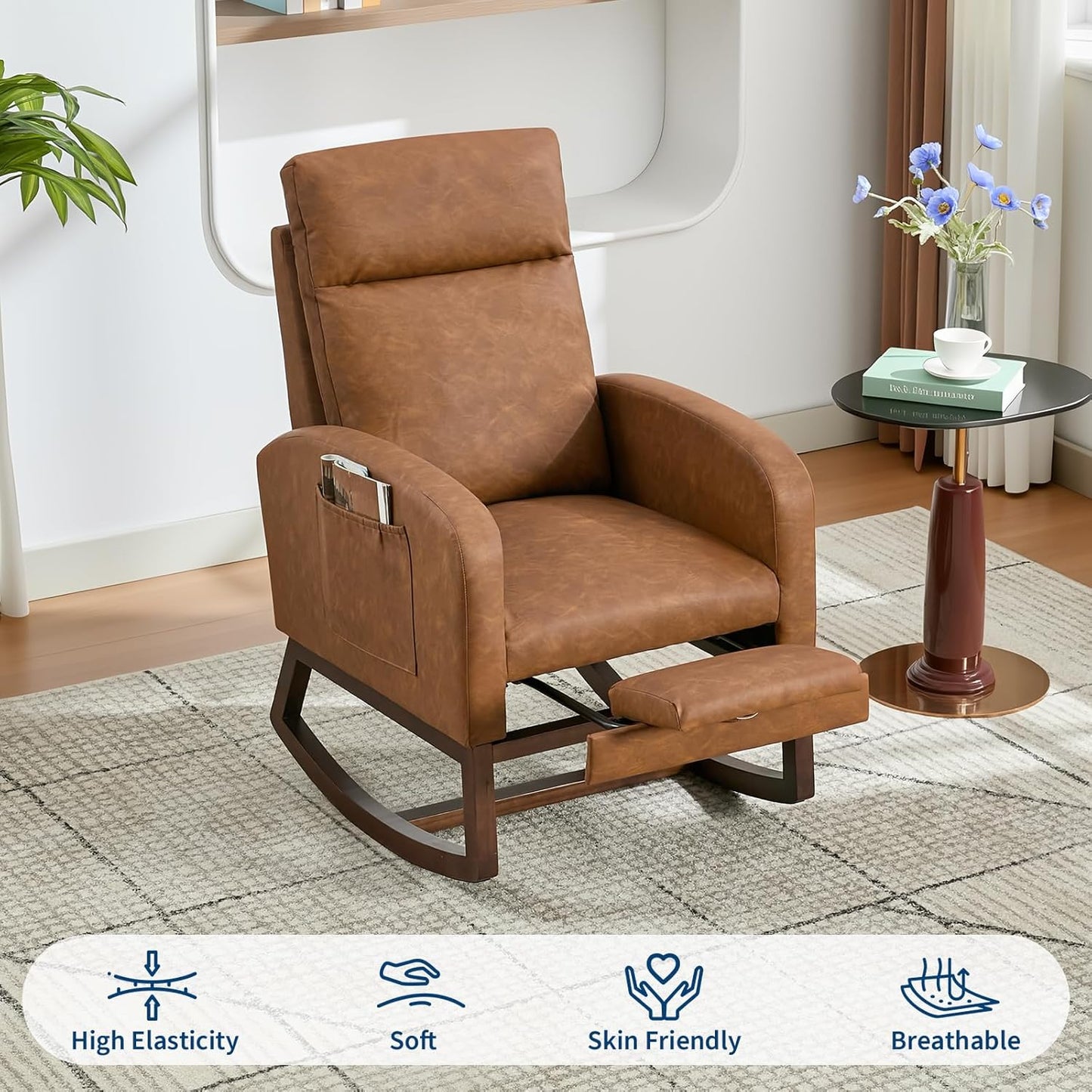 Rocking Chair Nursery with Foot Rest, Modern PU Upholstered Reading Glider Rocker Accent Armchair with High Backrest, Padded Seat, Side Pocket, for LivingRoom, Bedroom, Baby Room, Brown