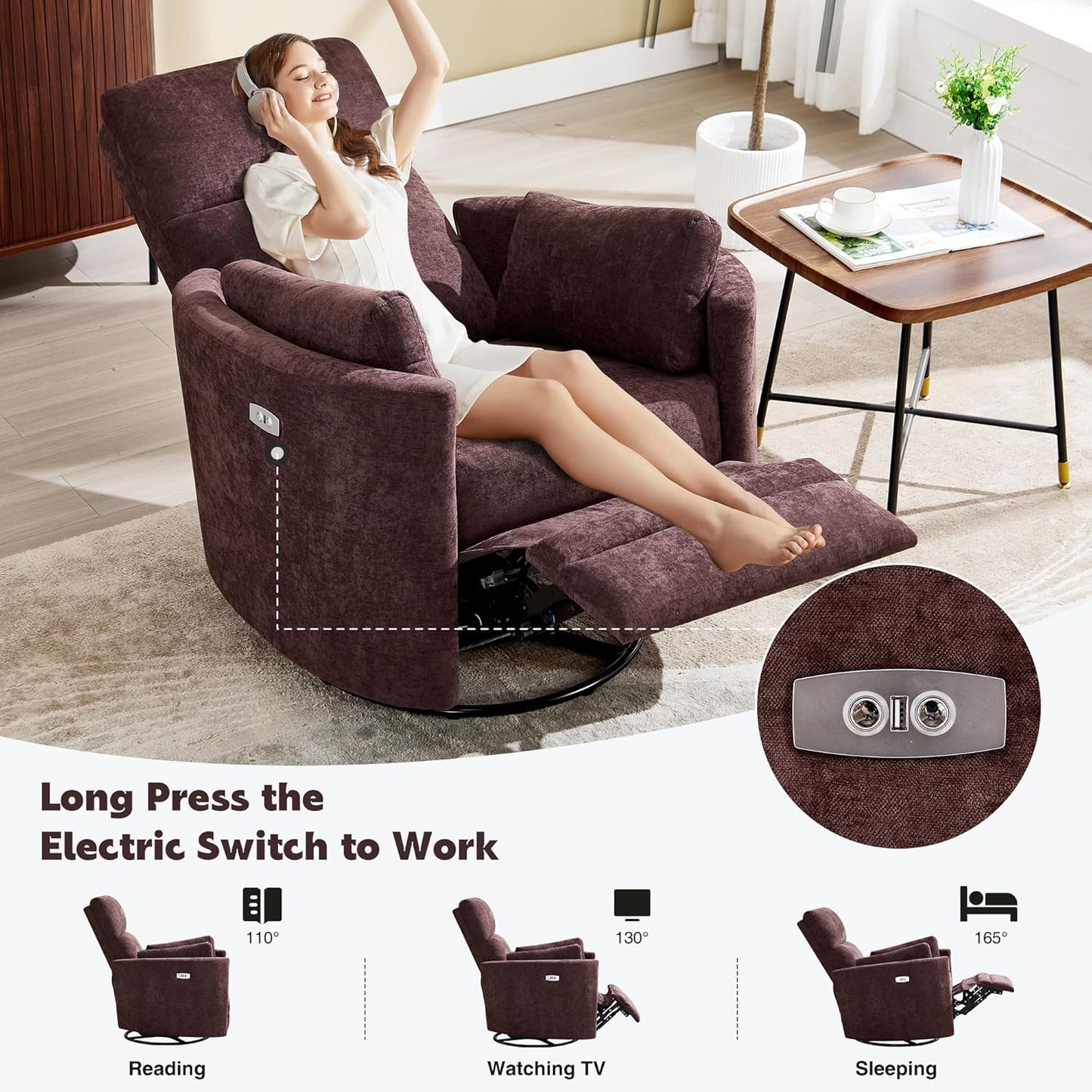 Power Swivel Glider Rocking Recliner,Electric Recliner Upholstered Nursery Chair Adult Rocking Chair with 2 Pillows for Living Room Bedroom(Coffee, Power-Driven)