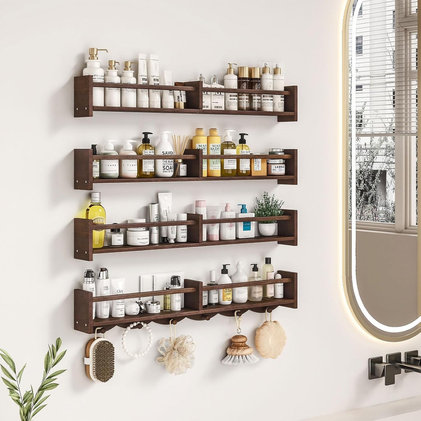 34Inch Nursery Bookshelves,Set of 4,Wall Floating Shelf Kids Coat Rack with 6Hooks,Hanging Book Shelf for Baby Nursery Room Décor (Dark Brown, 34)