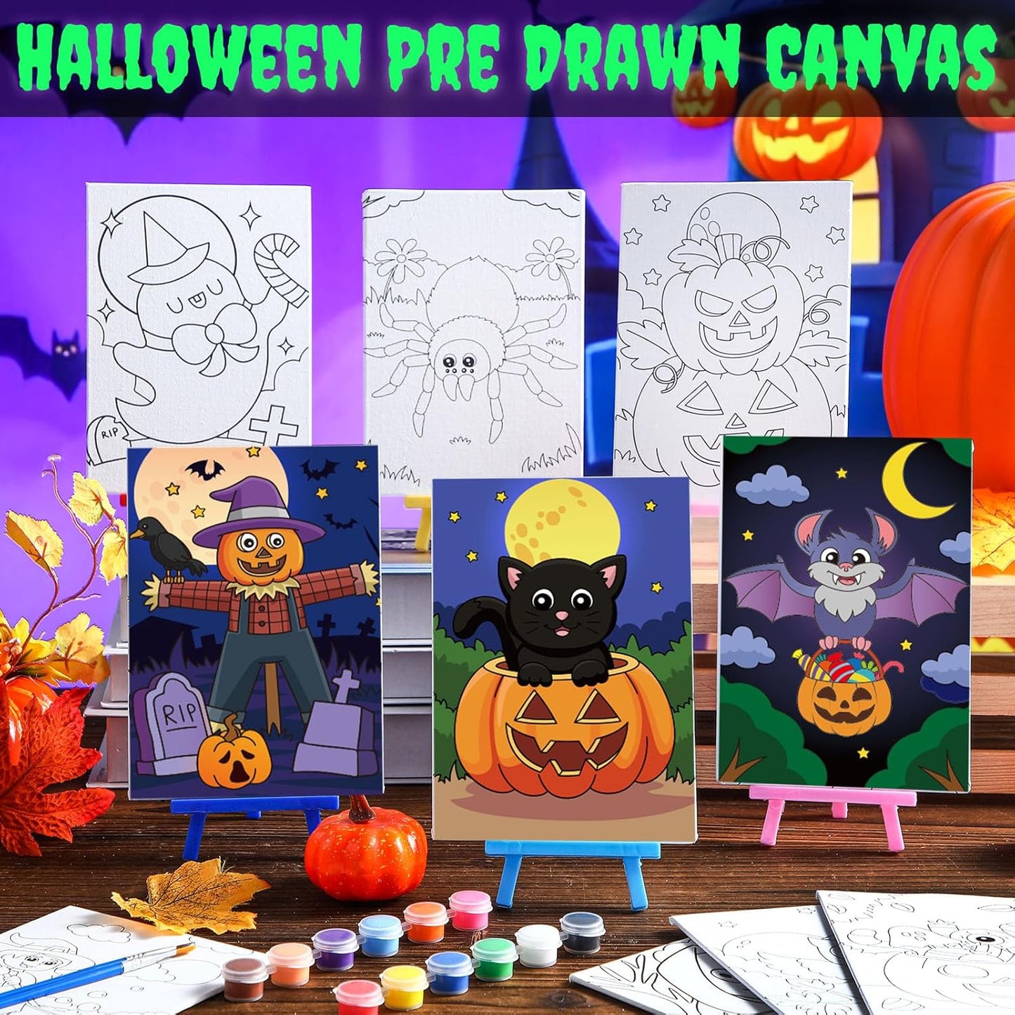 Blosssound 10 Set Pre Printed Canvas Pre Drawn Canvas Painting with Easel Kits 5" x 7" Outline Painting Panels for Beginners, DIY Craft Project, Party Favor, Home Decors(Spider)