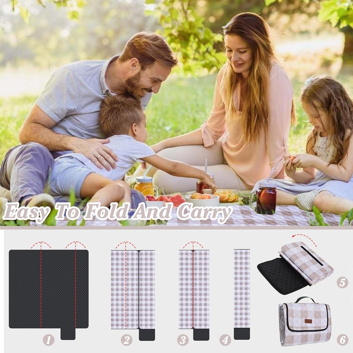 Extra Large Picnic Blanket 80''x 60'' Picnic Mat Waterproof Sand Proof Foldable for Beach, 5-Layer Outdoor Blanket for 6 to 8 Adults,Camping Lawn Hiking Travel Park Music Festival Wedding Mats(Brown)