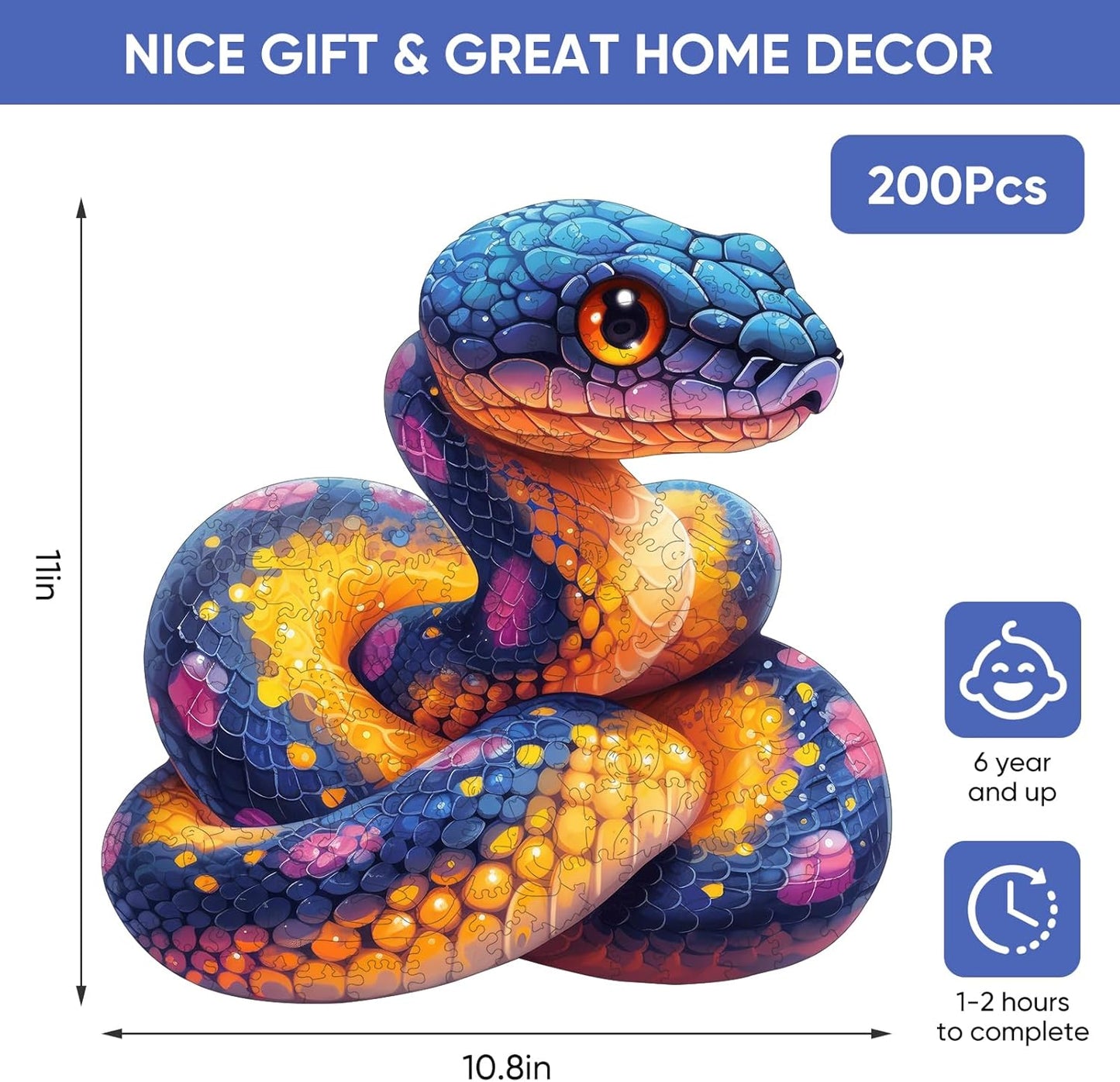 Wooden Puzzle for Adults, Snake Wooden Jigsaw Puzzles(10.8 * 11in-200pcs),Unique Shape Adult Puzzles,Irregular Wood Puzzles Creative Gift for Adults and Kids Family Game
