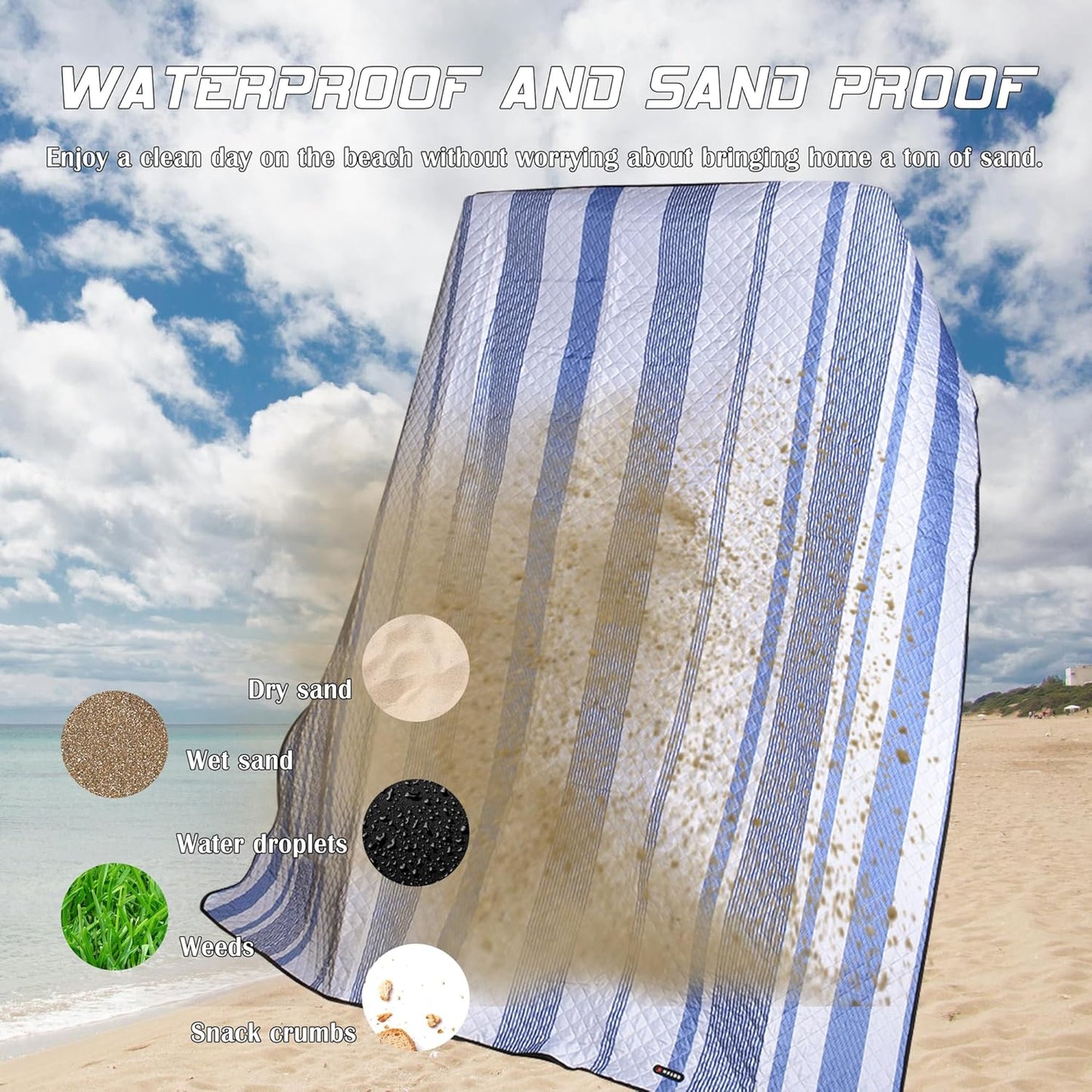 Waterproof Picnic Mat, Outdoor Camping Oversized Field Blanket. Portable Thickened Camping Blanket, Suitable for Beach, Camping, Music Festival, Party, Outdoor Adventure. (Blue & White, 80”x80”)